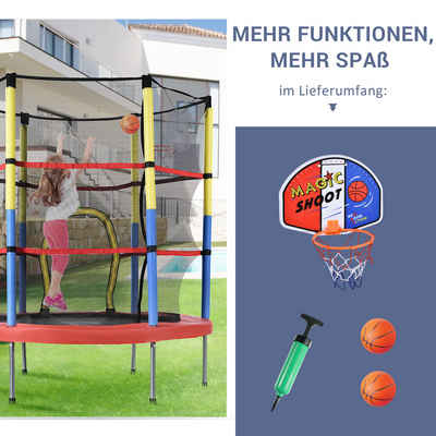 MODFU Kindertrampolin Fitnesstrampolin mit Basketballkorb, Ø 140 cm, (belastbar bis 45kg), Trampolin mit Sicherheitsnetz und Randabdeckung,164x140 cm