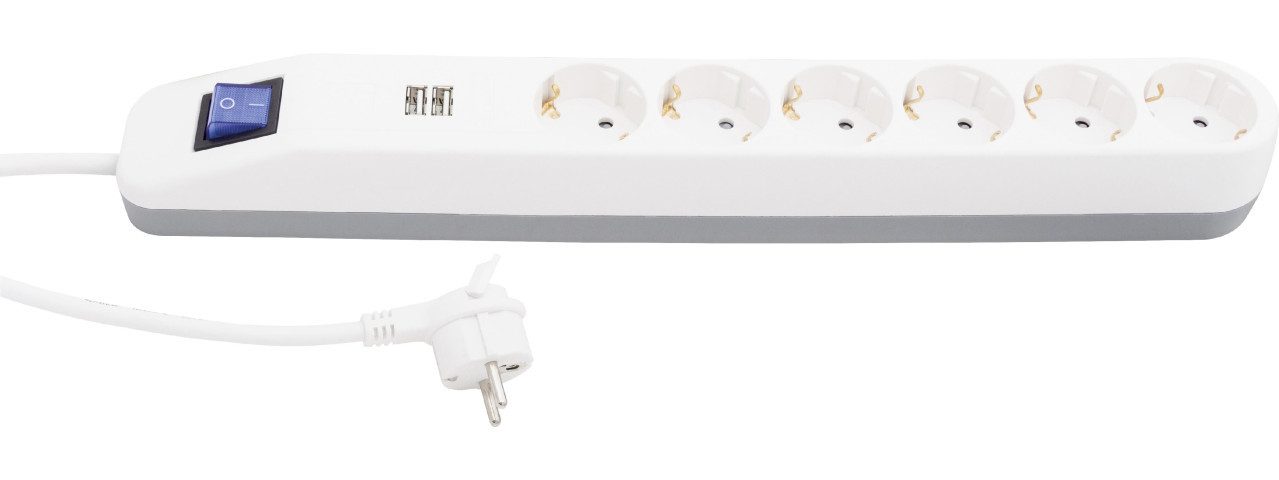 REV Ritter GmbH REV Steckdosenleiste 6-fach weiß-grau, USB 2-fach, Steckdosenleiste, Berührungsschutz USB-Anschluss