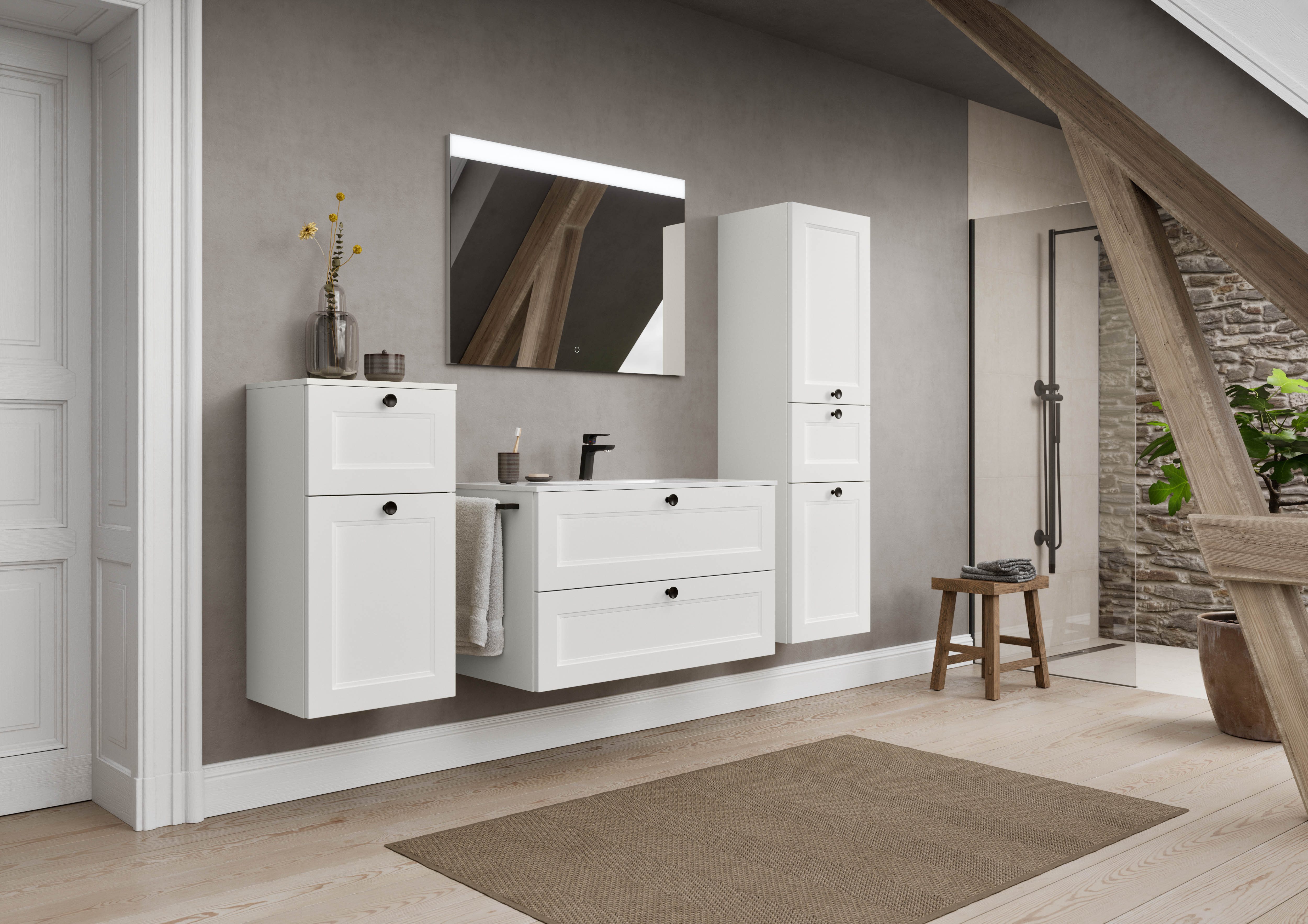 nobilia® Badmöbel-Set Cascada, (Set, 2-St., mit Waschbecken, inkl. beleuchtetem Spiegel mit Touch-Sensor), vormontiert, mit Soft-Close, in vier Breiten