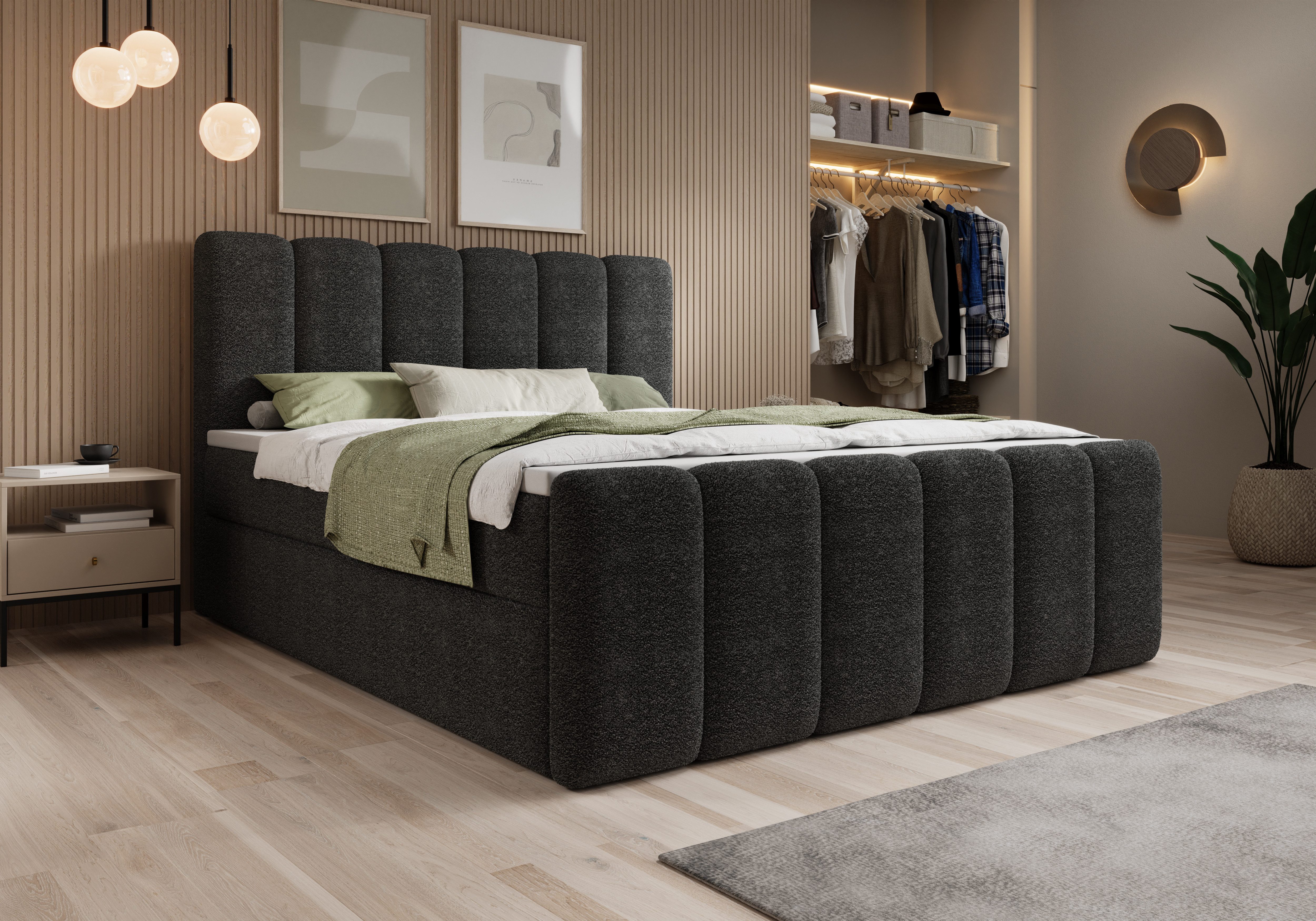 thematys Boxbett mit Bettkasten 140x200–200x200 cm – Velours oder Bouclé Bezug – (Polsterbett Bonnellfederkern Matratze H3 + Gratis 3cm Topper, Boxbett - Luxus Doppelbett mit Stauraum)