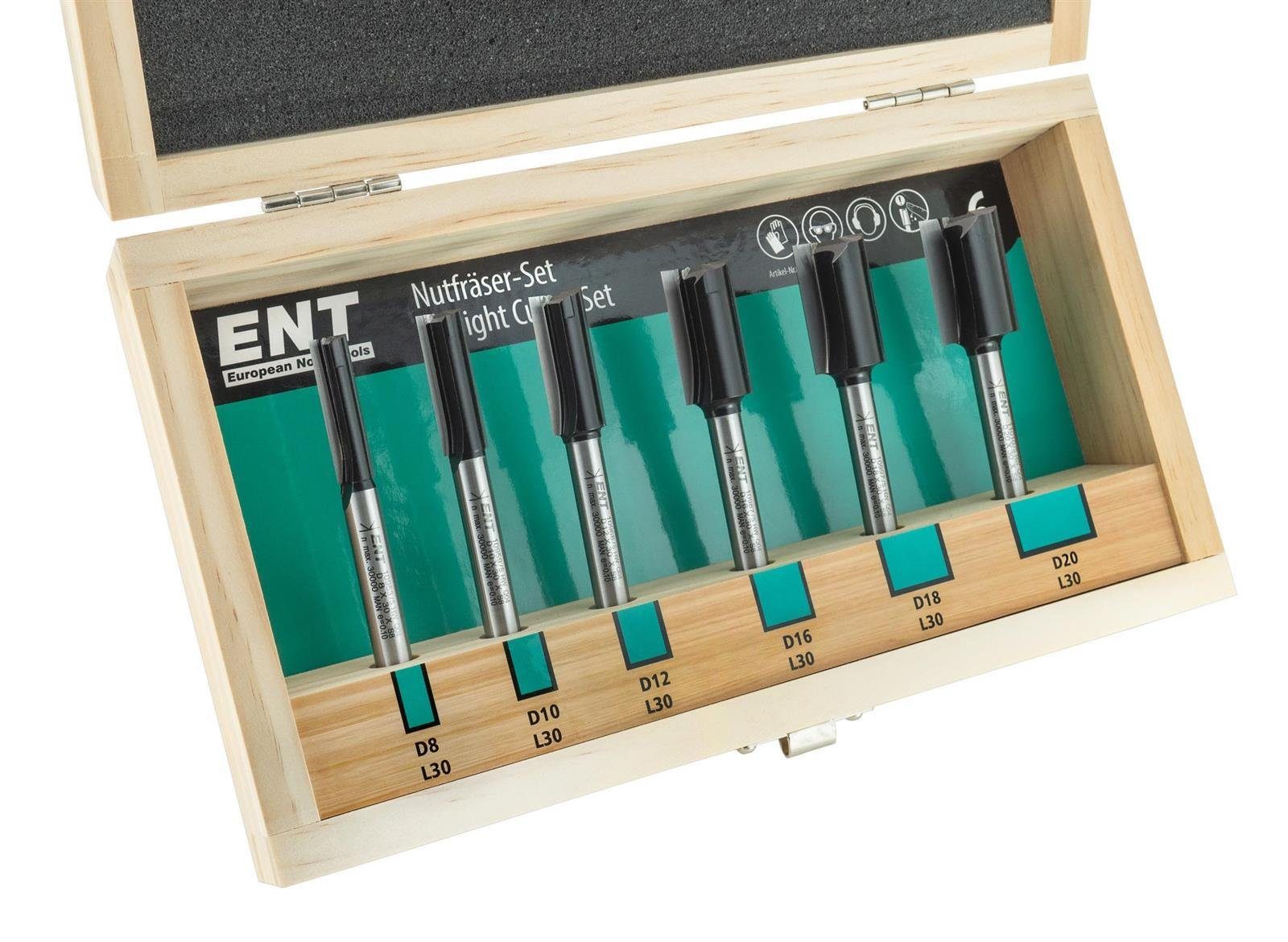 ENT European Norm Tools Fräsbohrer 09010 6-tlg. Nutfräser-Set, mit  HW-Grundschneide - Ø 8 - 10 - 12 - 16 - 18 und 20 mm - Schaft Ø 8 mm