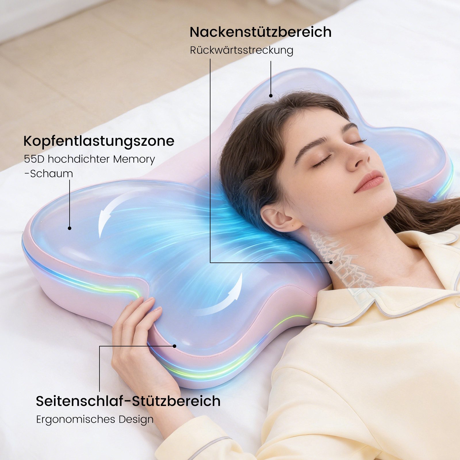 CHICASA Kopfkissen Nackenstützkissen aus 55D Memory Foam, HWS-stützend, abnehmbarer Bezug, Maße: 65 × 41 × 12/8 cm (zwei Höhen), 5-Zonen-Stützsystem, 100 % Memory-Schaum, Kühlendes Nackenstützkissen, 4D-Luftzirkulationsstruktur, Reisedesign
