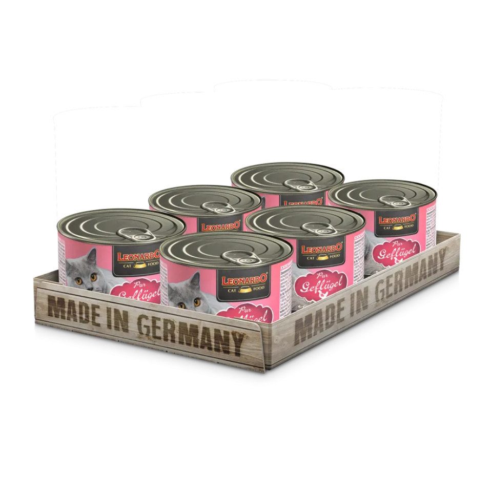 Leonardo Catfood Geflügel Pur - hochwertiges Nassfutter ohne Getreide & Zucker 6x200g, Nassfutter für: Katzen