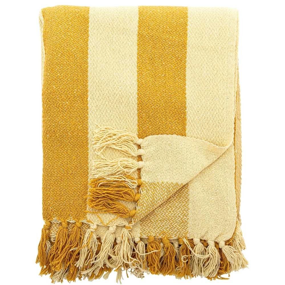 Wohndecke Bloomingville Decke FRELLO Gelb Streifen Muster mit Fransen 160x130 cm, Bloomingville