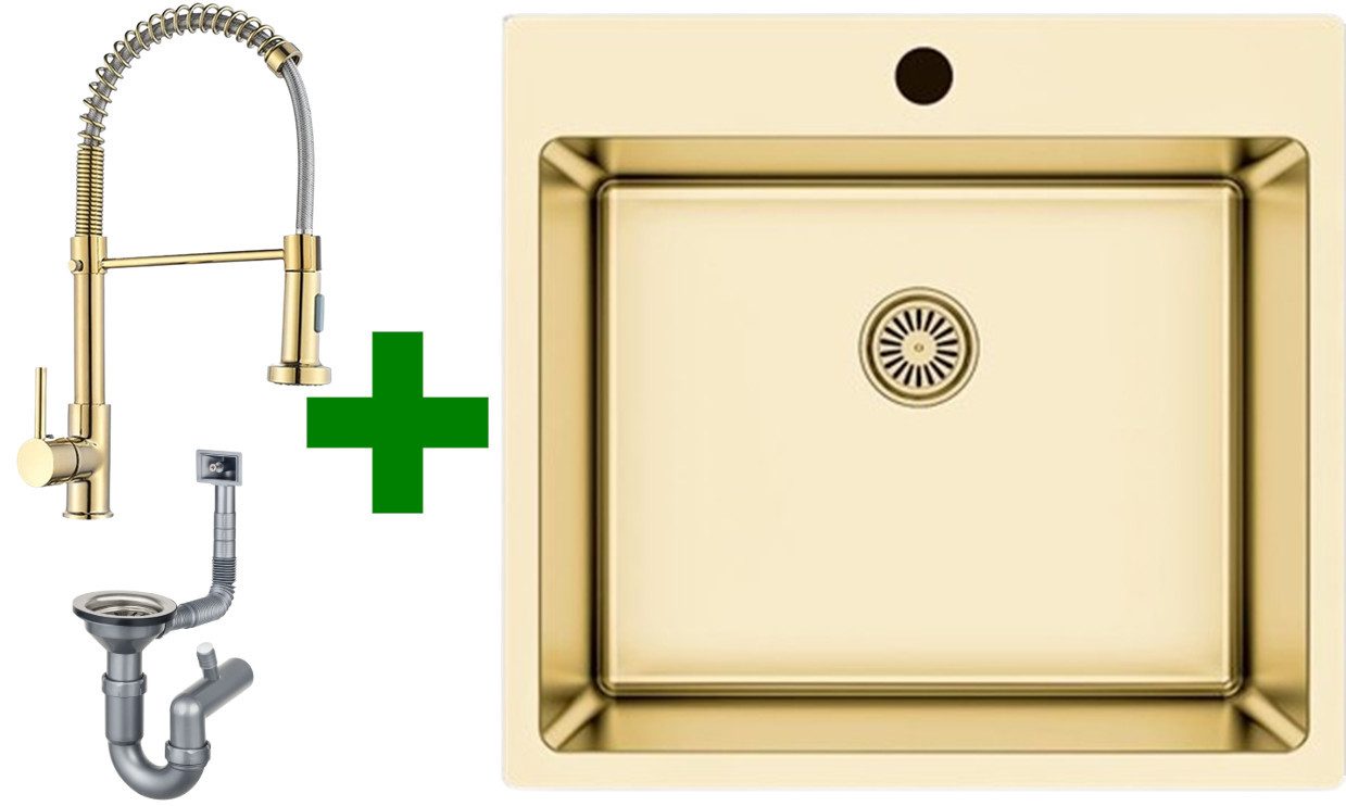 Faizee Möbel Edelstahlspüle Edelstahlspüle 50,5x55+Armatur Spiral Gold Einbau Küchenbecken Siphon