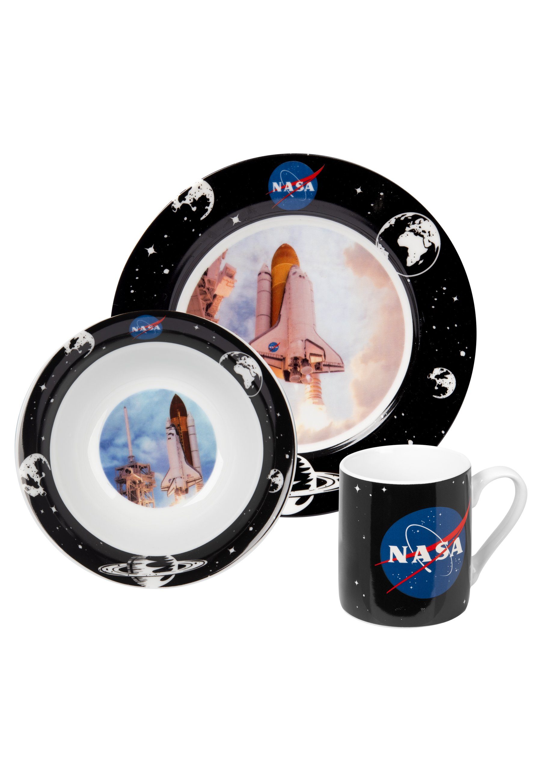 United Labels® Frühstücks-Geschirrset NASA Frühstücksset Geschirr Set 3-teilig Teller, Schale & Tasse, 1 Personen, Porzellan