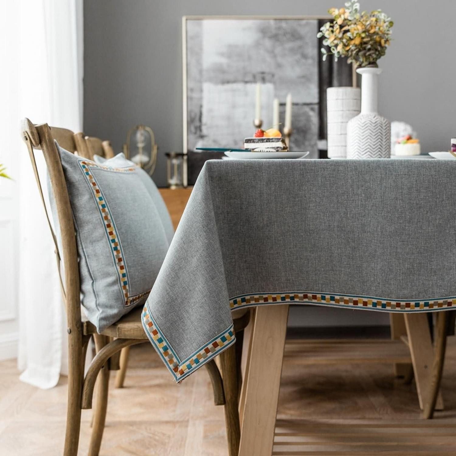 LuxusKollektion Tischdecke Tischdecke Rechteckig 100x160cm Grau Gestickt Baumwolle Leinen (1-tlg)
