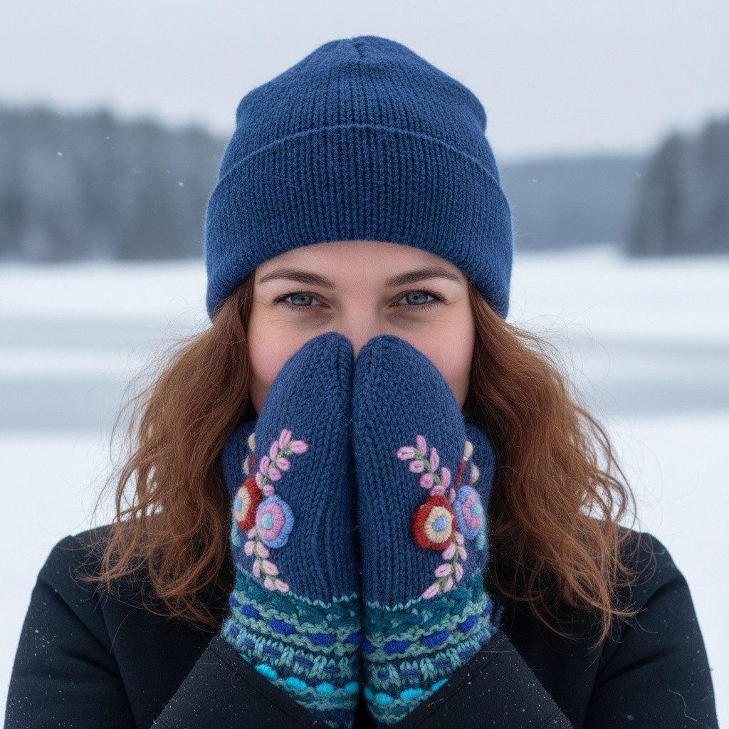 Guru-Shop Strickhandschuhe Wollhandschuhe mit Blümchenstickerei, Boho.. günstig online kaufen