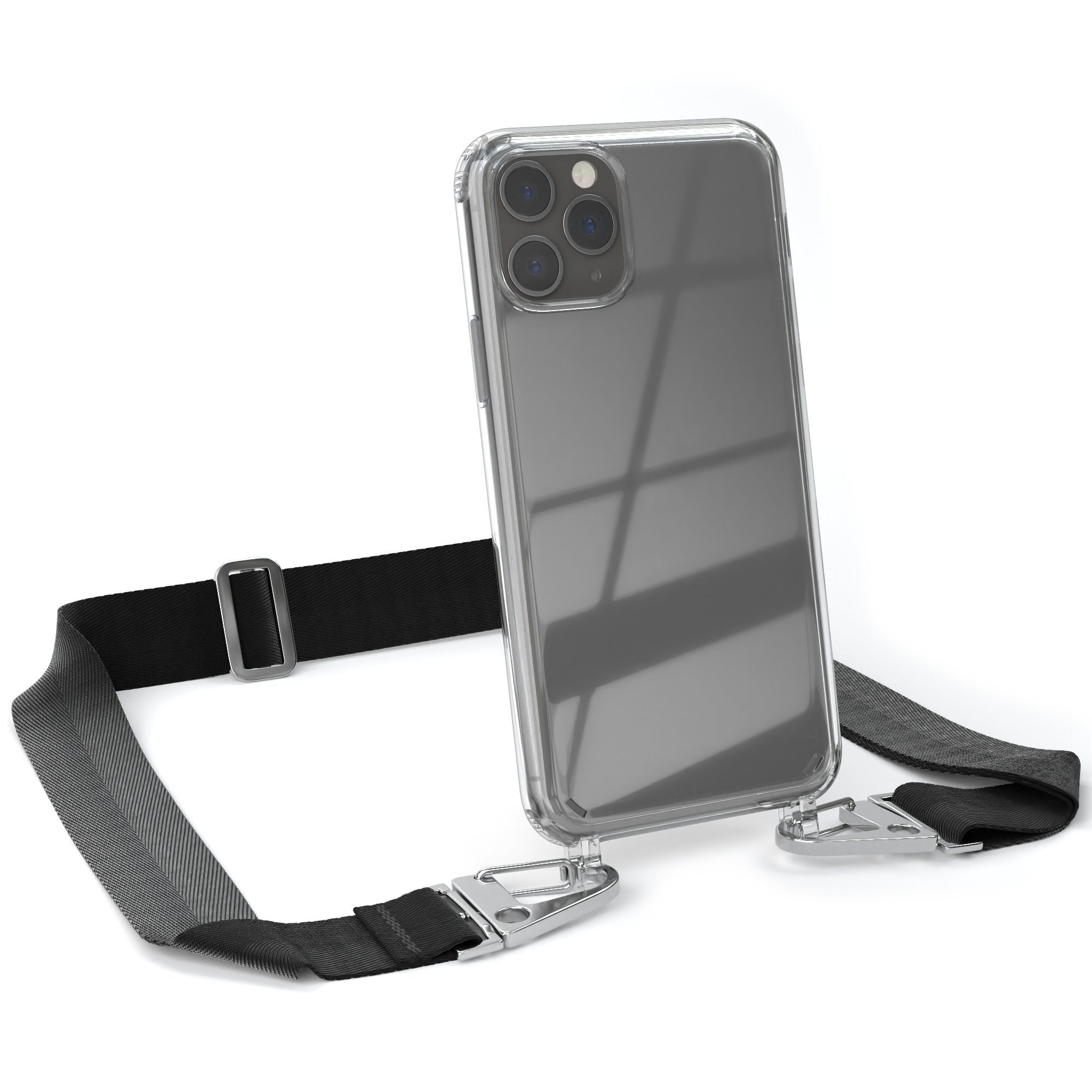 EAZY CASE Handykette Silikon Kette Karabiner für Apple iPhone 11 Pro 5,8 Zoll, Schutzhülle zum Umhängen Handyhülle mit Umhängeband Schwarz Silber