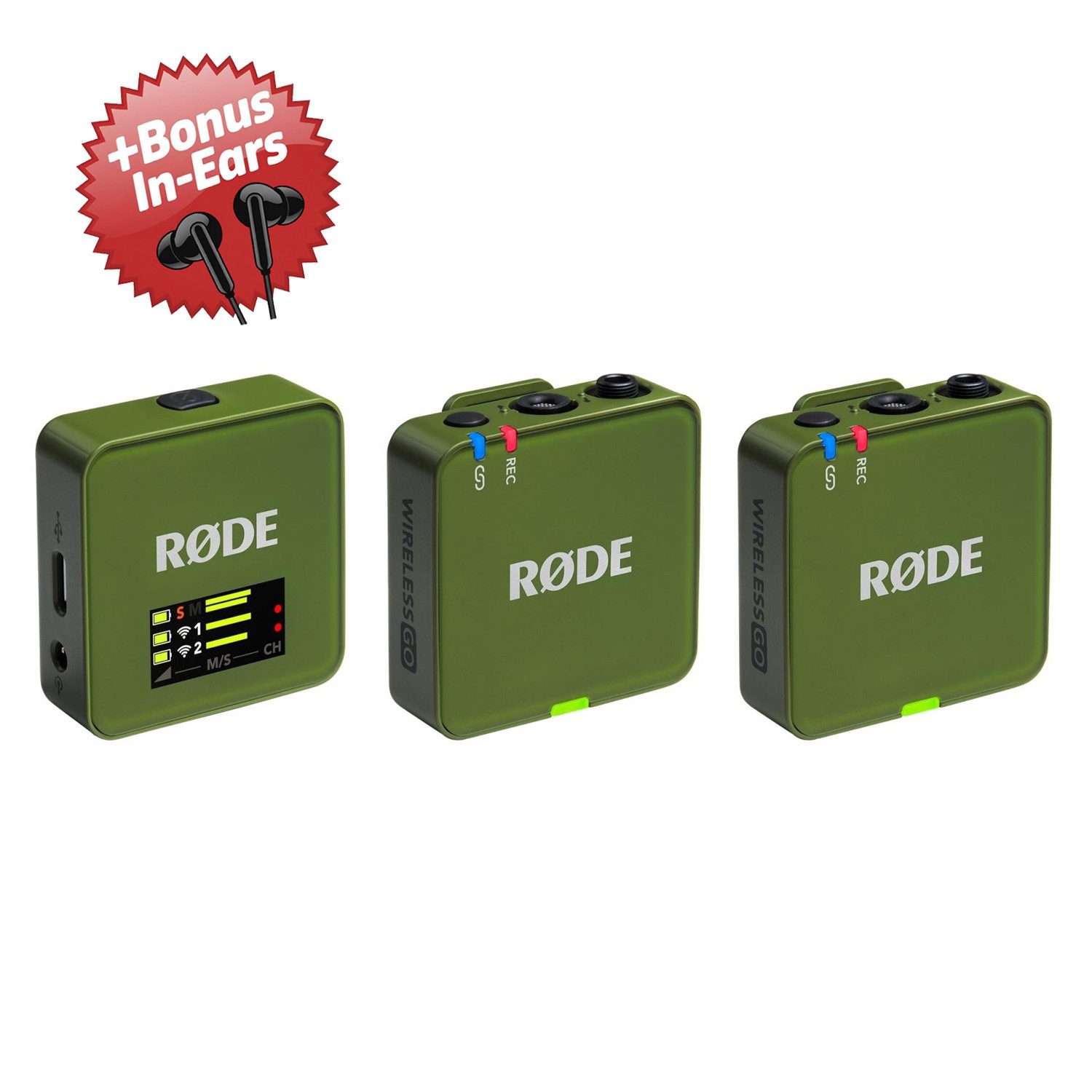 RØDE Rode Mikrofon-Funksystem Wireless GO Gen 3 Moss Khaki + Bonus In-Ear Digitales Aufnahmegerät (32 Bit Float Recording)