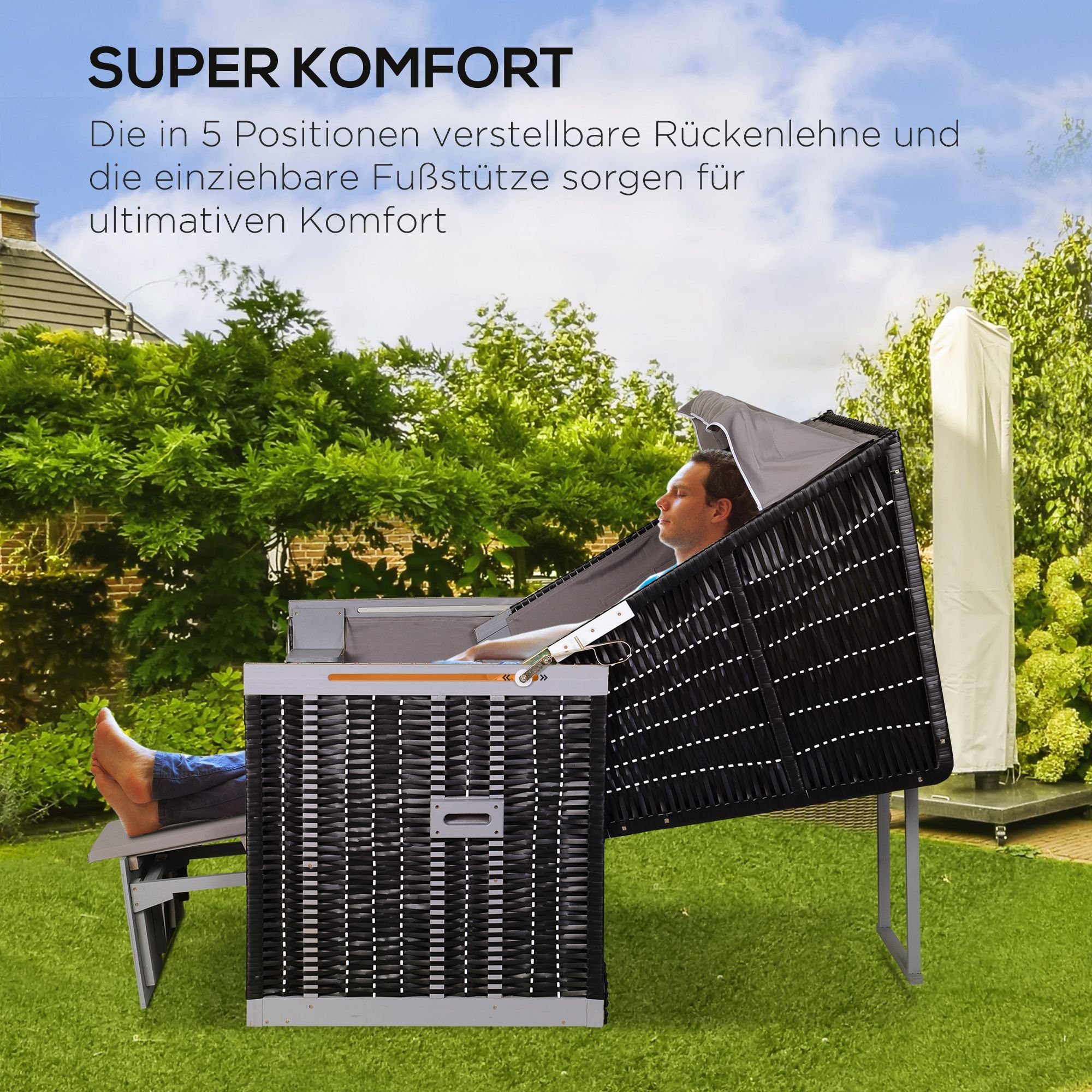 Outsunny Strandkorb Doppelte Sonnenliege grau Klapptisch Gartenliege), 118x190x150 cm, Dach, 2-Sitzer, | Halblieger, BxTxH: grau (Volllieger, 10-tlg., mit inkl