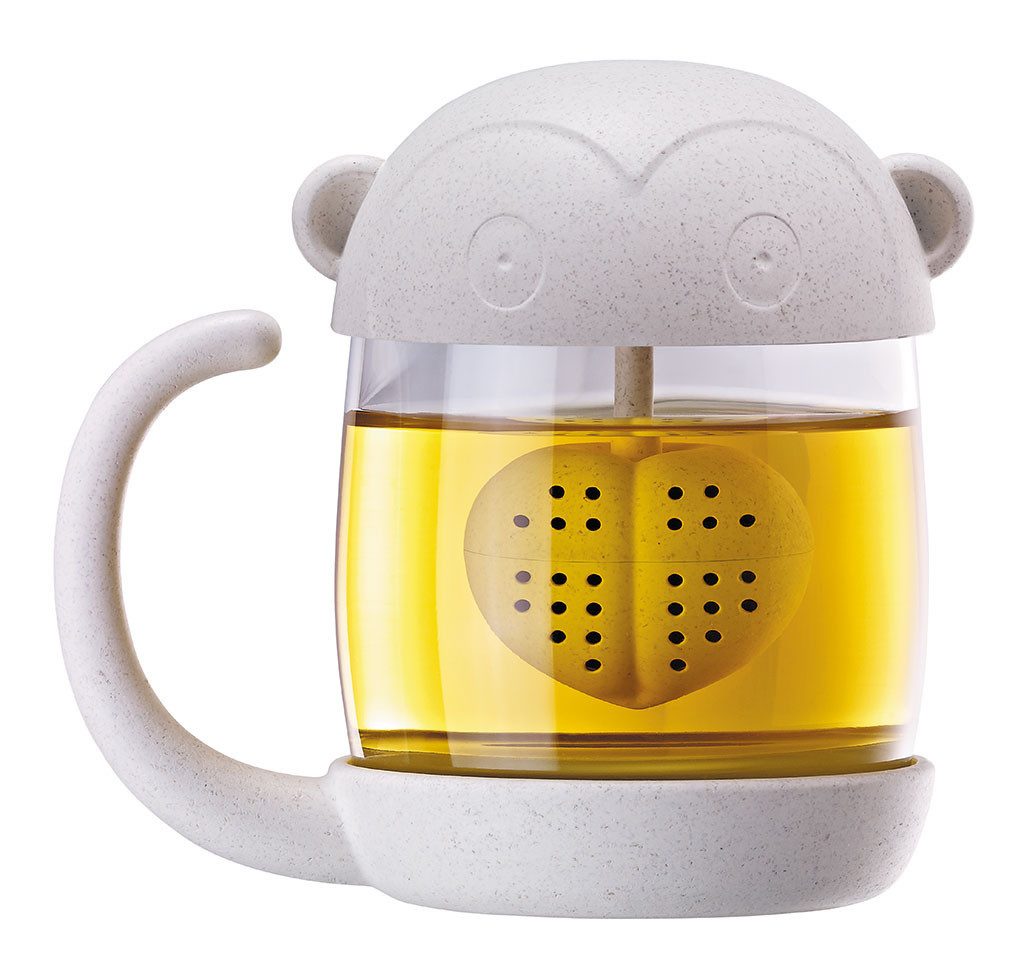 Winkee Teeglas Teetasse Affe mit integriertem Tee Ei, Glas, mit Kunststoff Deckel, für ca. 250 ml