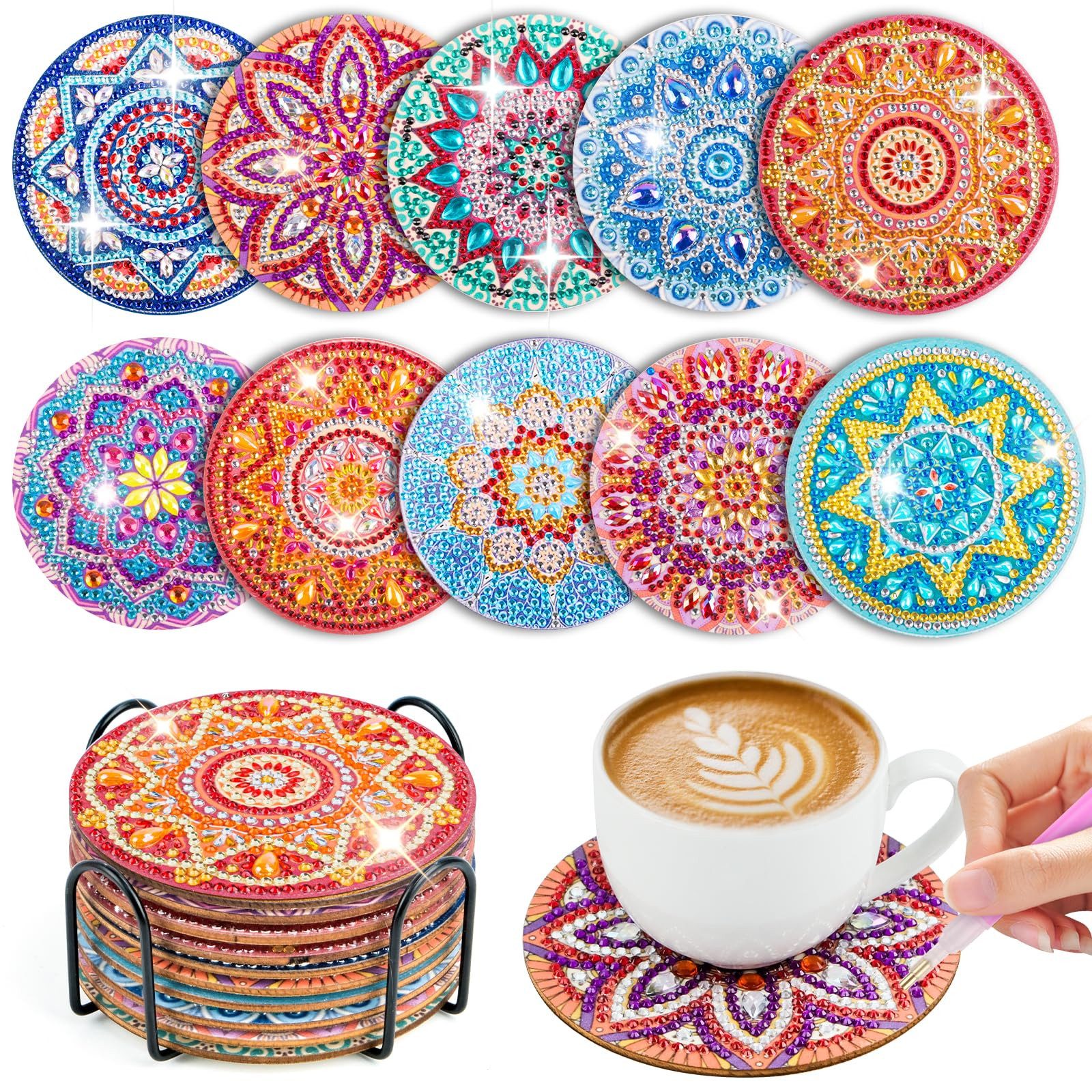 FOUORTUNATE-BEE Kreativset 10er Set Diamond Painting Untersetzer mit Halter, DIY Kunst, Diamant-Kunst Untersetzer Set für Anfänger & Erwachsene