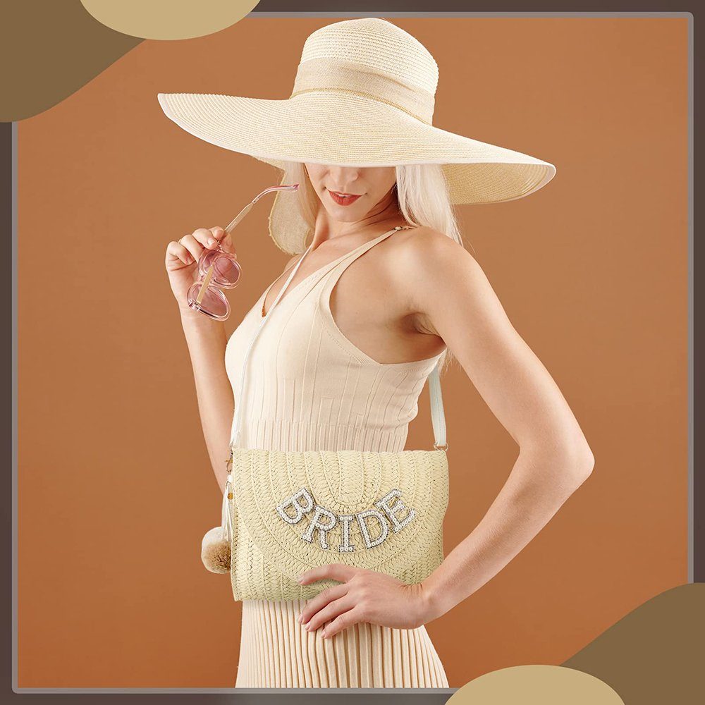 GelldG Beige(Stil1) Pearl Purse Shoulder Envelope Wallet Bag Woven Rhinestone Straw Geldbörse
