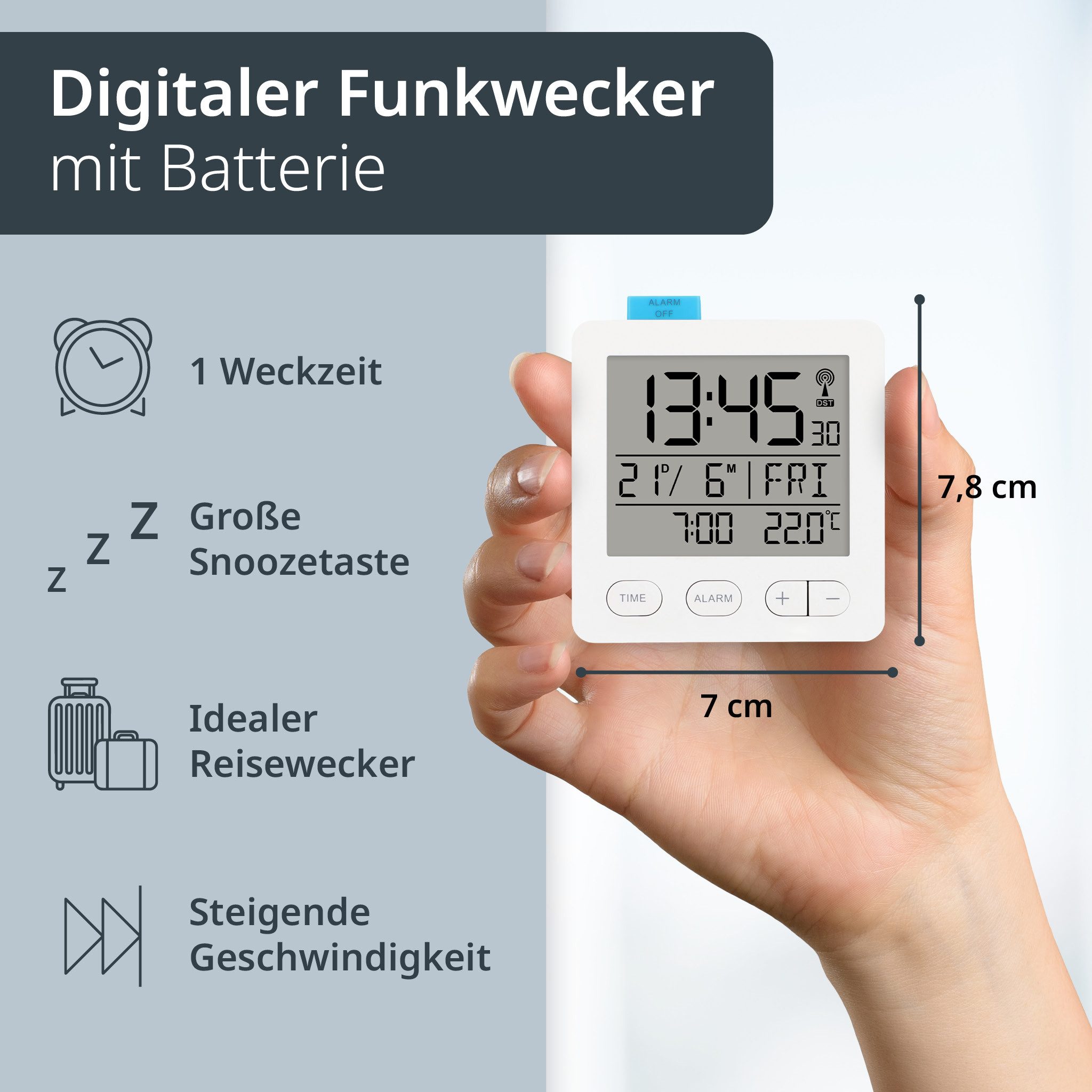 ADE Funkwecker mit Thermometer und Kalender Tasten auf der Vorderseite, Alarmknopf oben