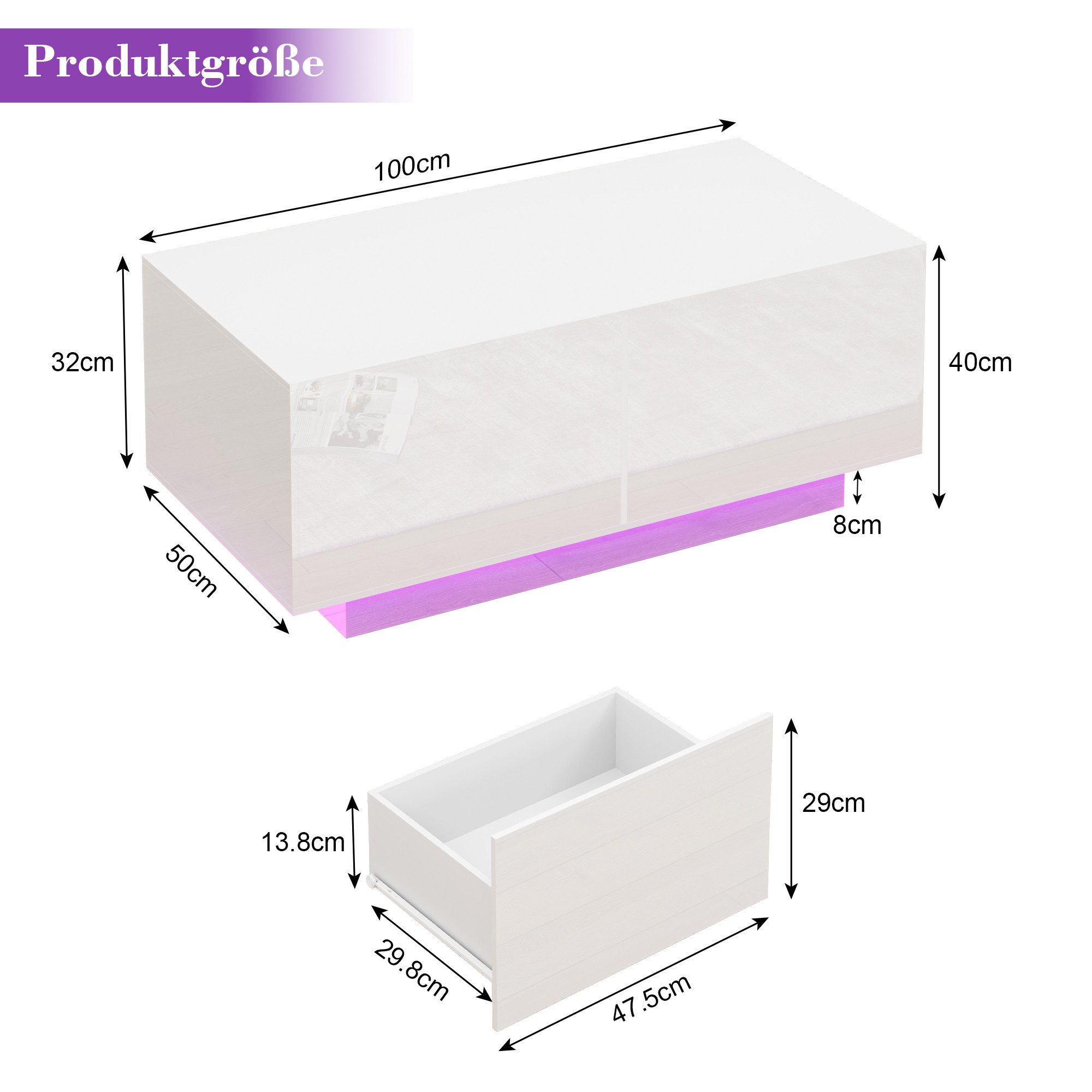 Hyaapwod Couchtisch Hochglanz-Couchtisch mit Schublade und offenem Fach (1-St), mit LED-Beleuchtung, Weiß – Bild 3 von 5
