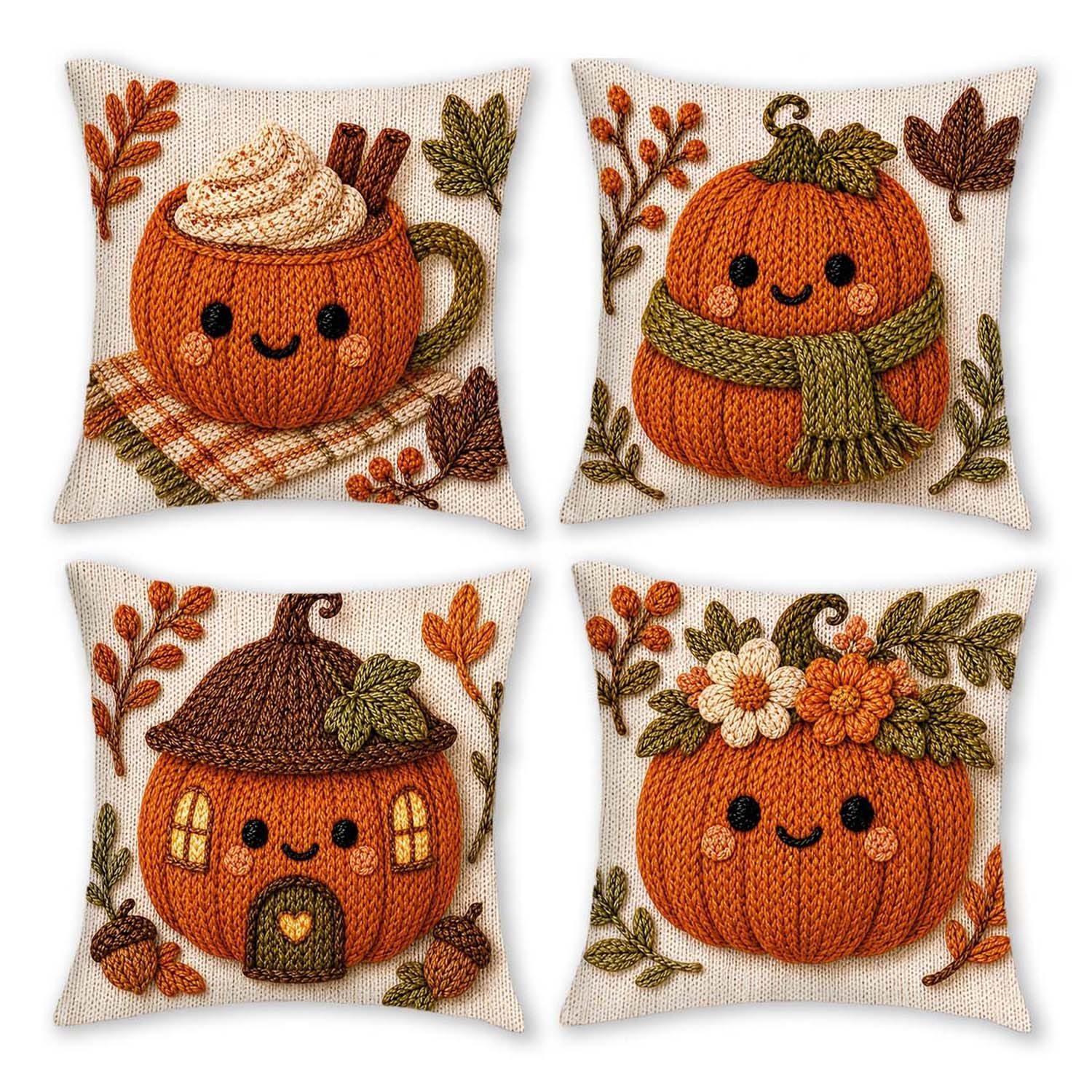 Bomiclss Kissenhüllen 4er-Set 2D Flachdruck Herbst Cartoon Halloween Kissenbezüge, (4 Stück)