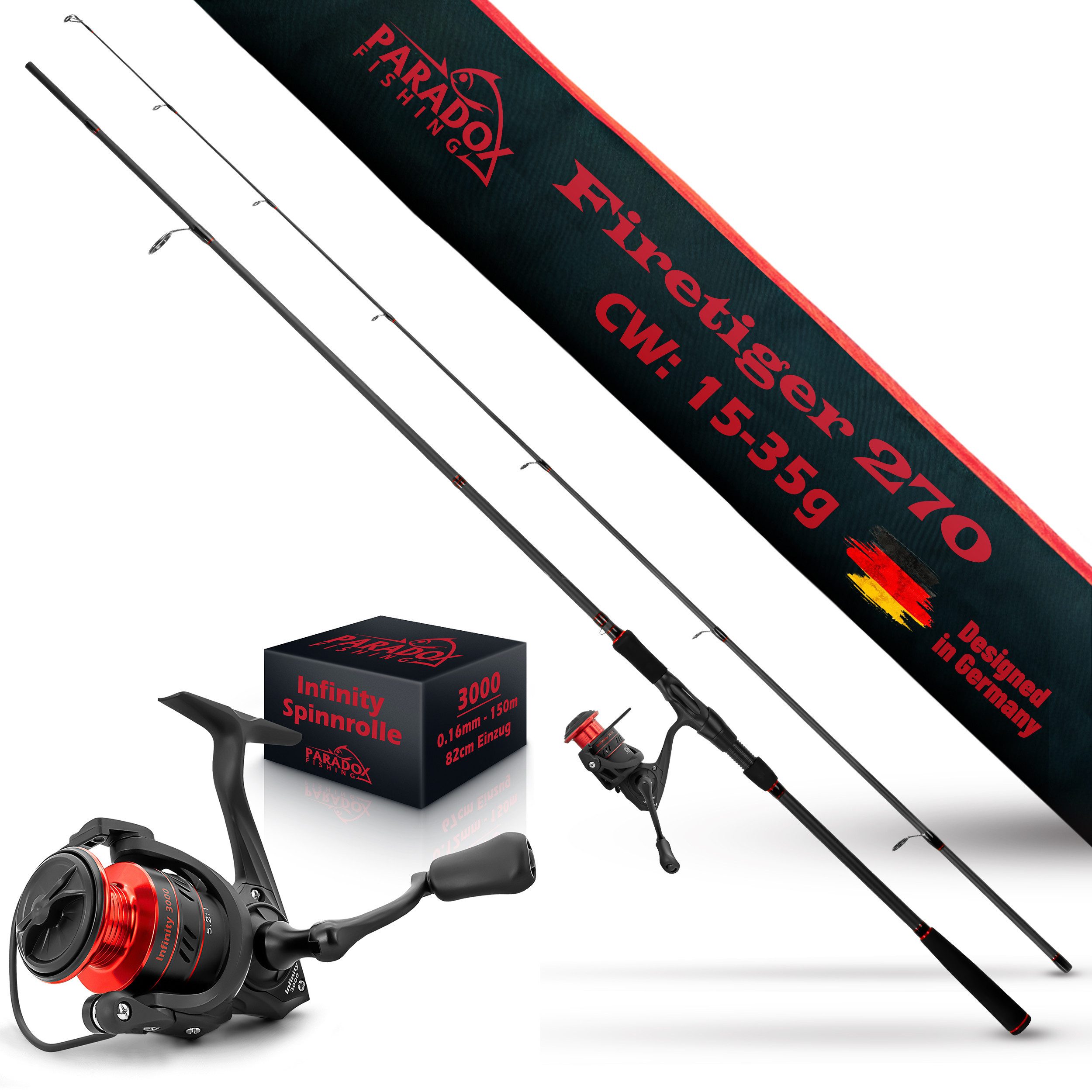 Paradox Fishing Spinnrute Firetiger, (Firetiger Spinnrute + Infinity Rolle), 2,1m/2,4m/2,7m, 5-20g/15-35g/20-60g