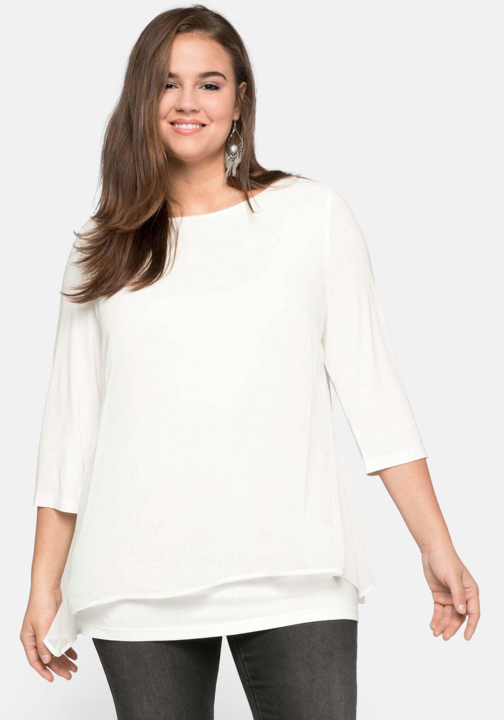 Sheego T-Shirt Blusenshirt 3/4-Arm in leichter A-Linie mit Zipfelsaum günstig online kaufen