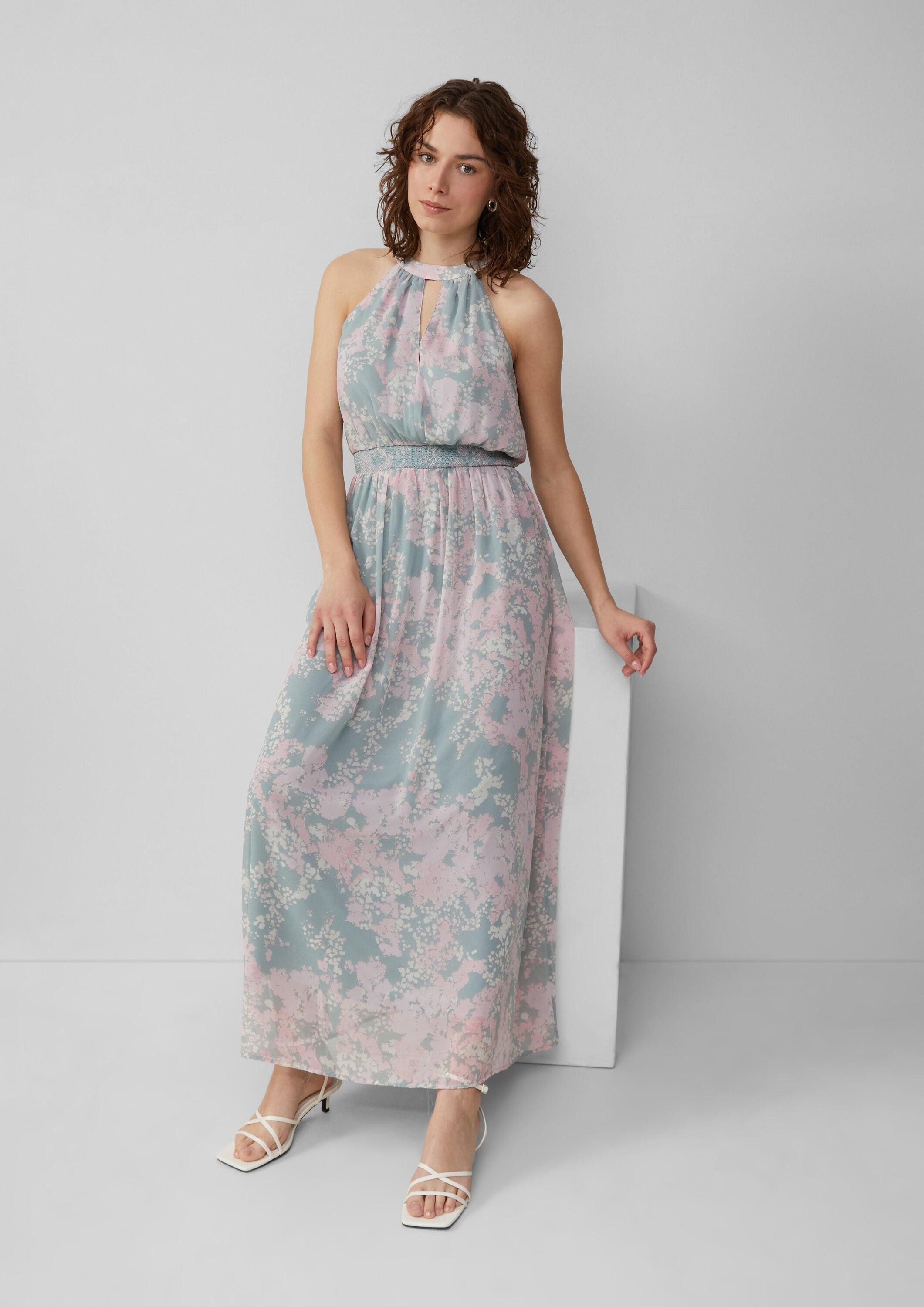 QS Maxikleid Kleid Langes Chiffonkleid mit Smok-Detail