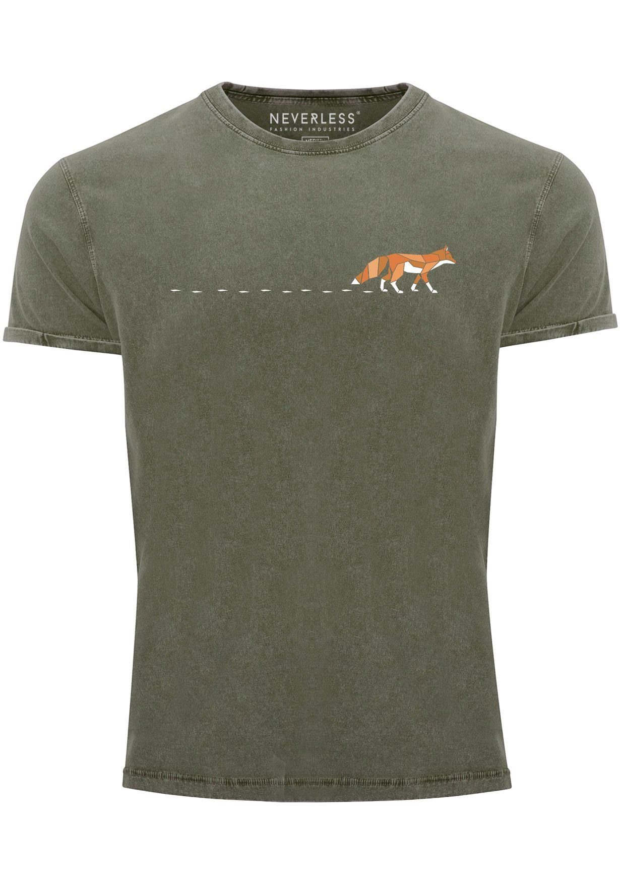 Neverless Print-Shirt Herren T-Shirt Vintage Fuchs Fox Wald Tiermotiv Logo Print Badge Fashi mit Print oliv