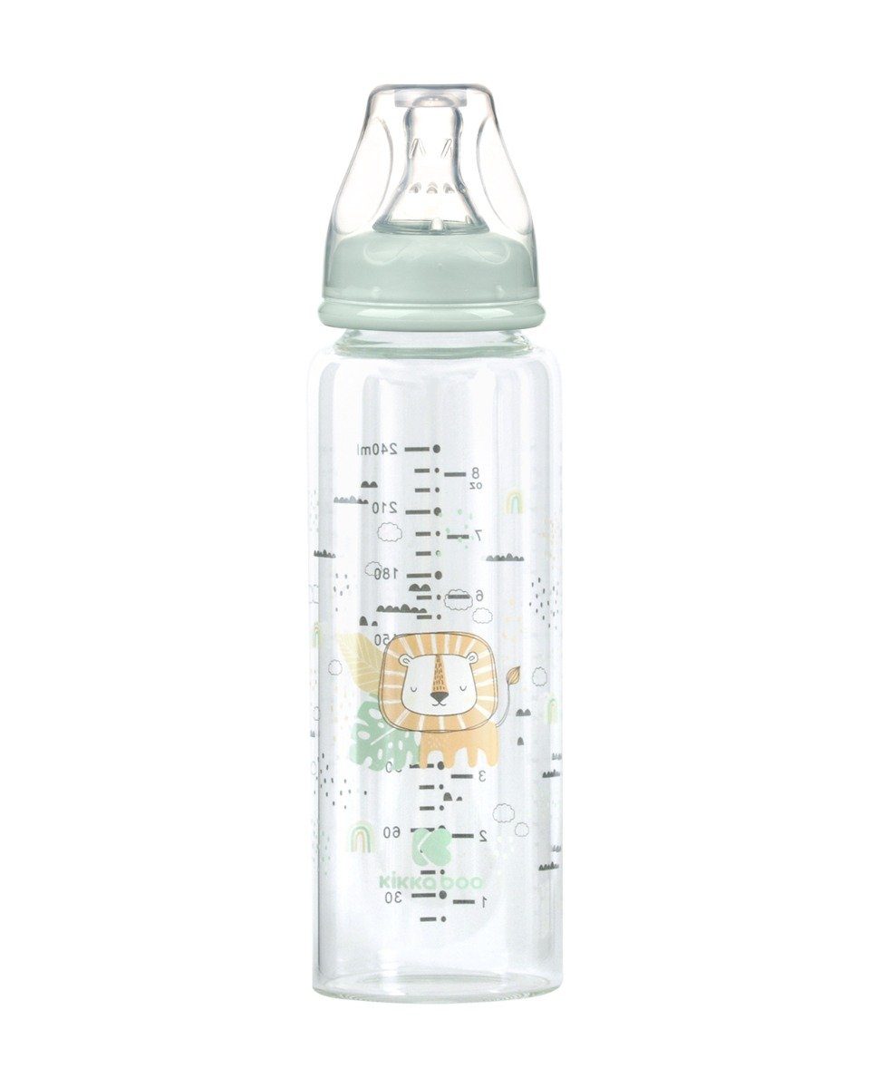 M, Baby Savanna grün 240ml, Silikonsauger Babyflasche Glasflasche Größe Kikkaboo Anti-Kolik