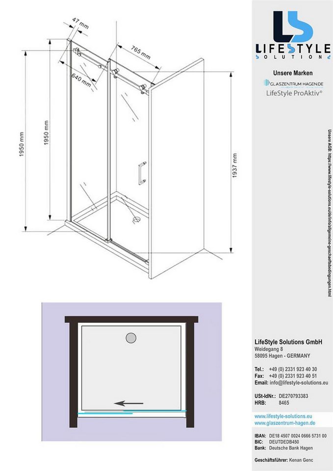 Thumbnail - Glaszentrum Hagen Dusch-Einzelschiebetür Glaszentrum Hagen - 145x195cm Nischentür Schiebetür Duschtür Nischendu