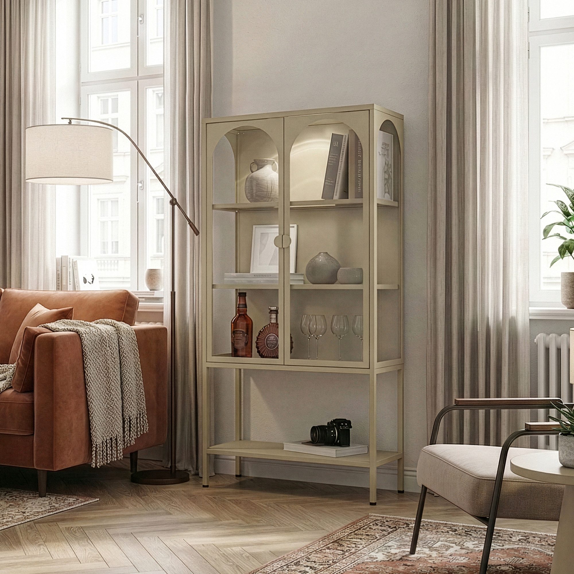 en.casa Standvitrine »Klippestad« mit 2 Türen Stahl 160 x 80 x 35 cm Kamelfarben