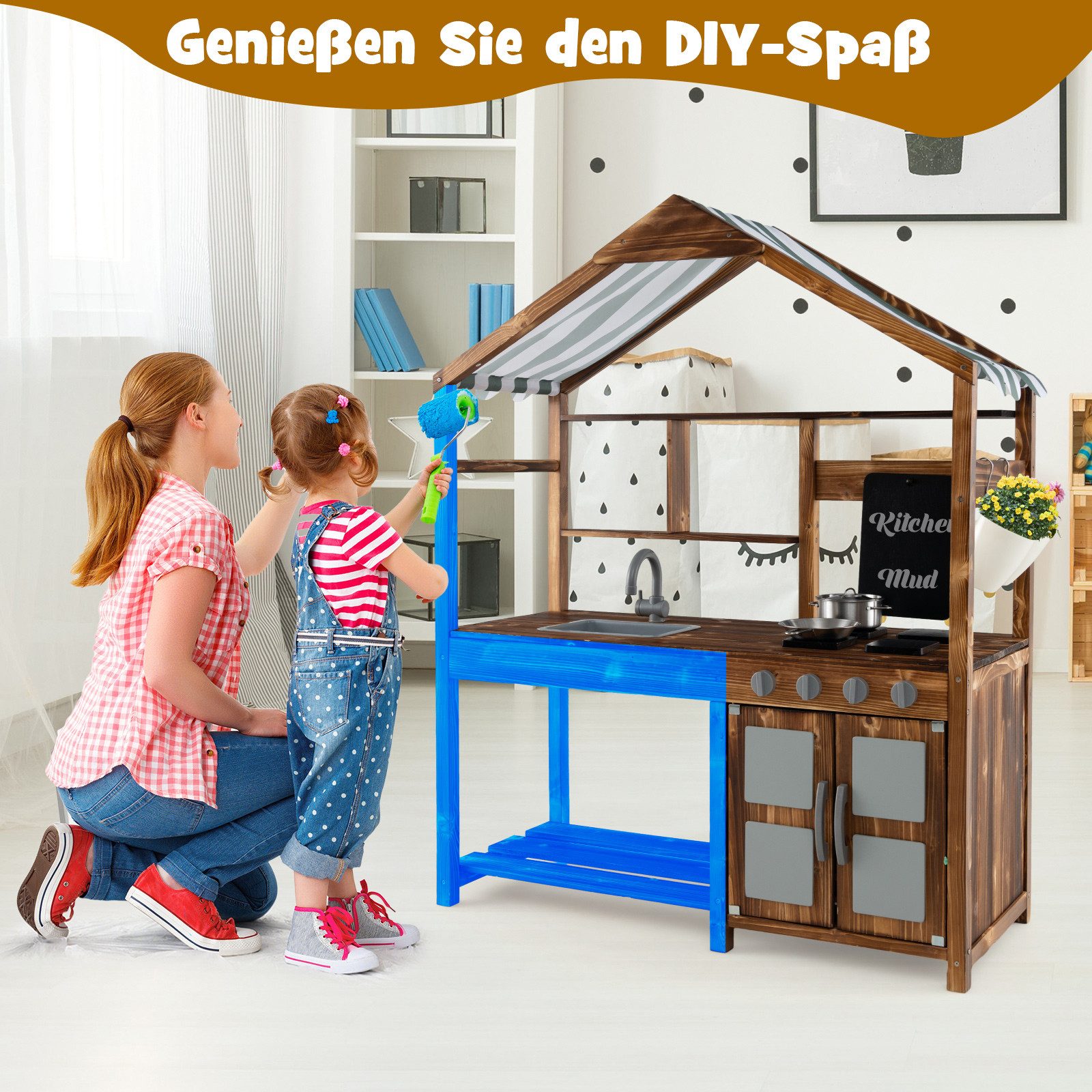 COSTWAY Outdoor-Spielküche, Kinderküche aus Massivholz, mit Vordach