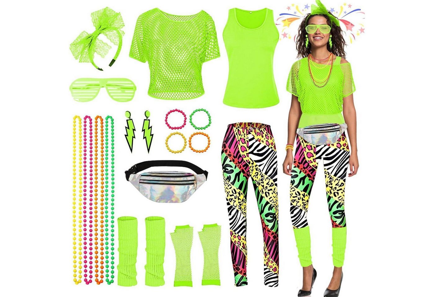 LuxusKollektion Partyanzug 80er 90er Jahre Damen Retro Outfit Set XL Rot Neon Disco Party