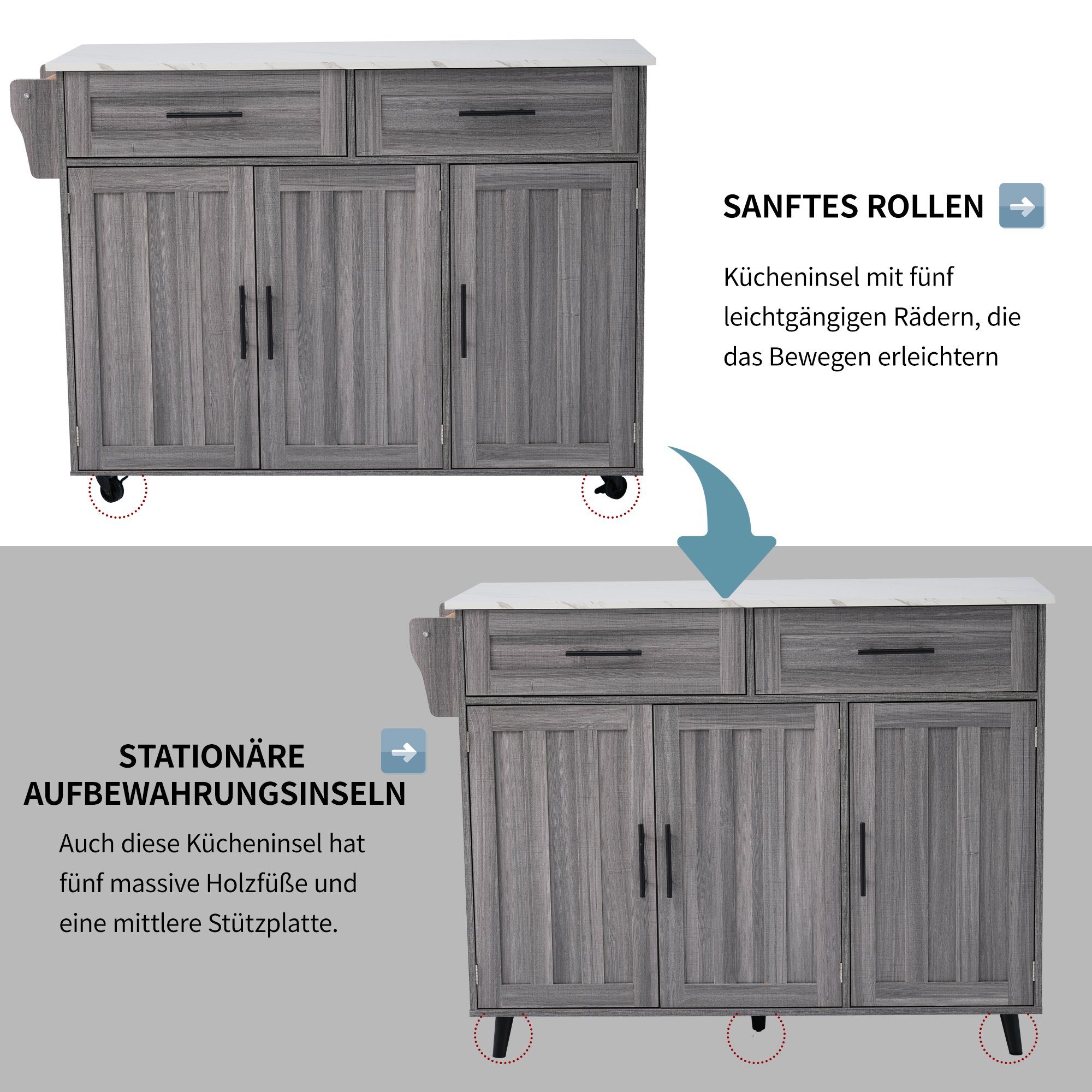 Sideboard die 3 Regalhöhe Fangqi L129x Türen, Sideboard, Wirtshaus, ist Grau ist Rollen Tischplatte (Restaurant, erweiterbar Schubladen, W76x H91.5cm), und verstellbar Handtuchhalter,5 2 mit Die Gaststätte,