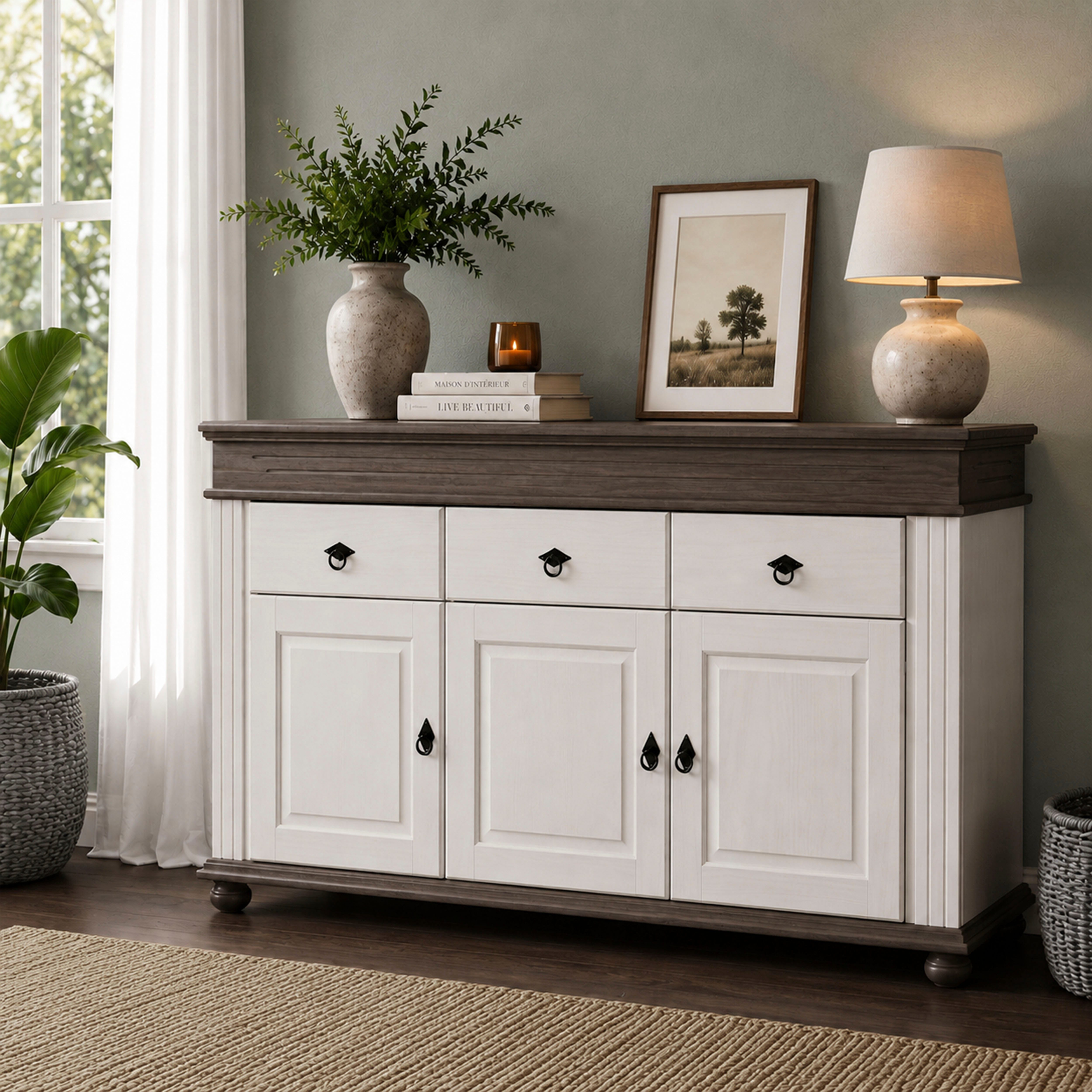 Inter Link Anrichte Halmaro, Kiefer Massivholz, Soft-close, 141 x 46 x 100 cm, Stauraum (1 St), Sideboard in Weiss, Grau/Lava, Landhausstil, 3 Türen, 3 Schubladen