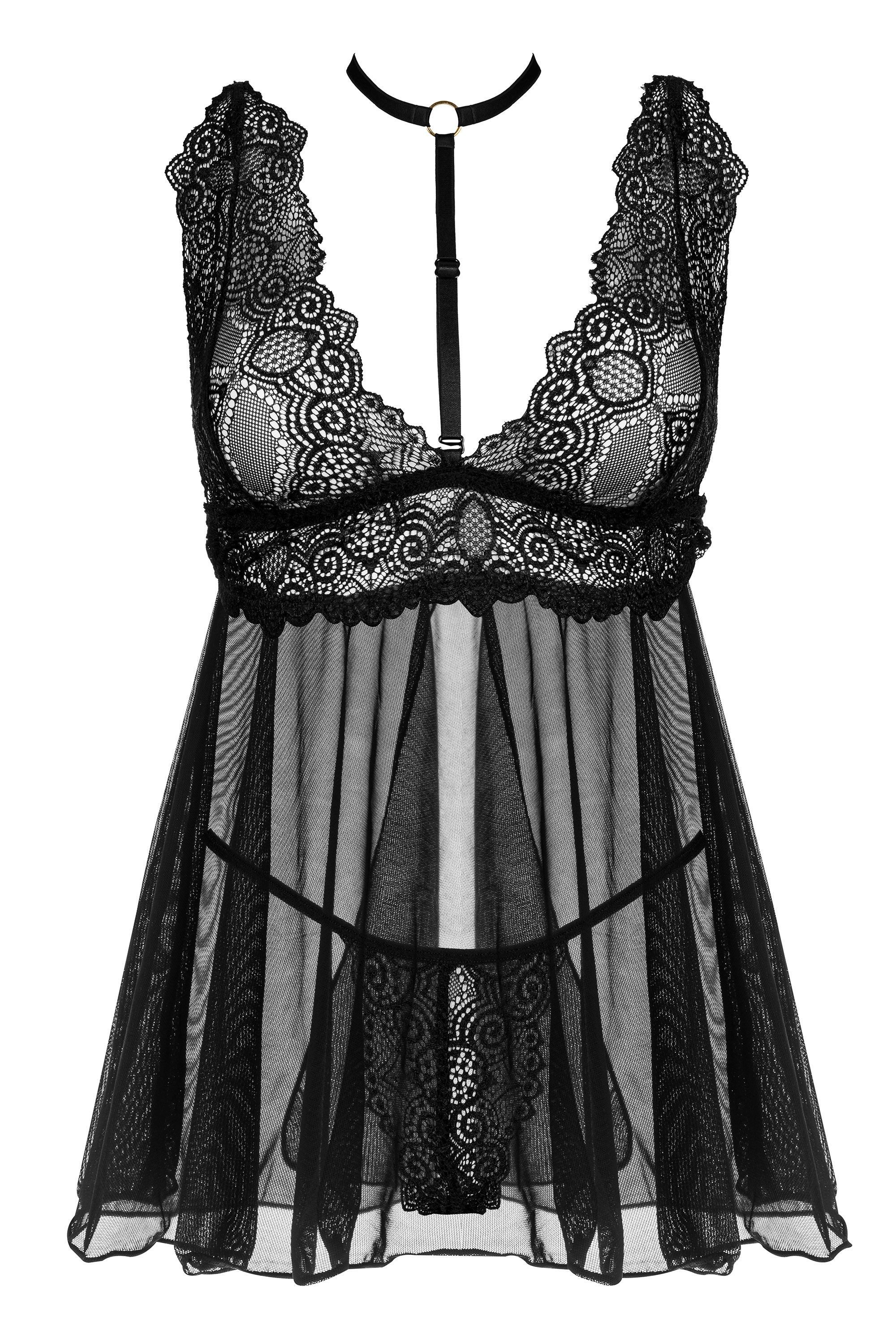 Beauty Night Fashion Negligé Babydoll Milana schwarz mit String und Halsband (3-tlg)