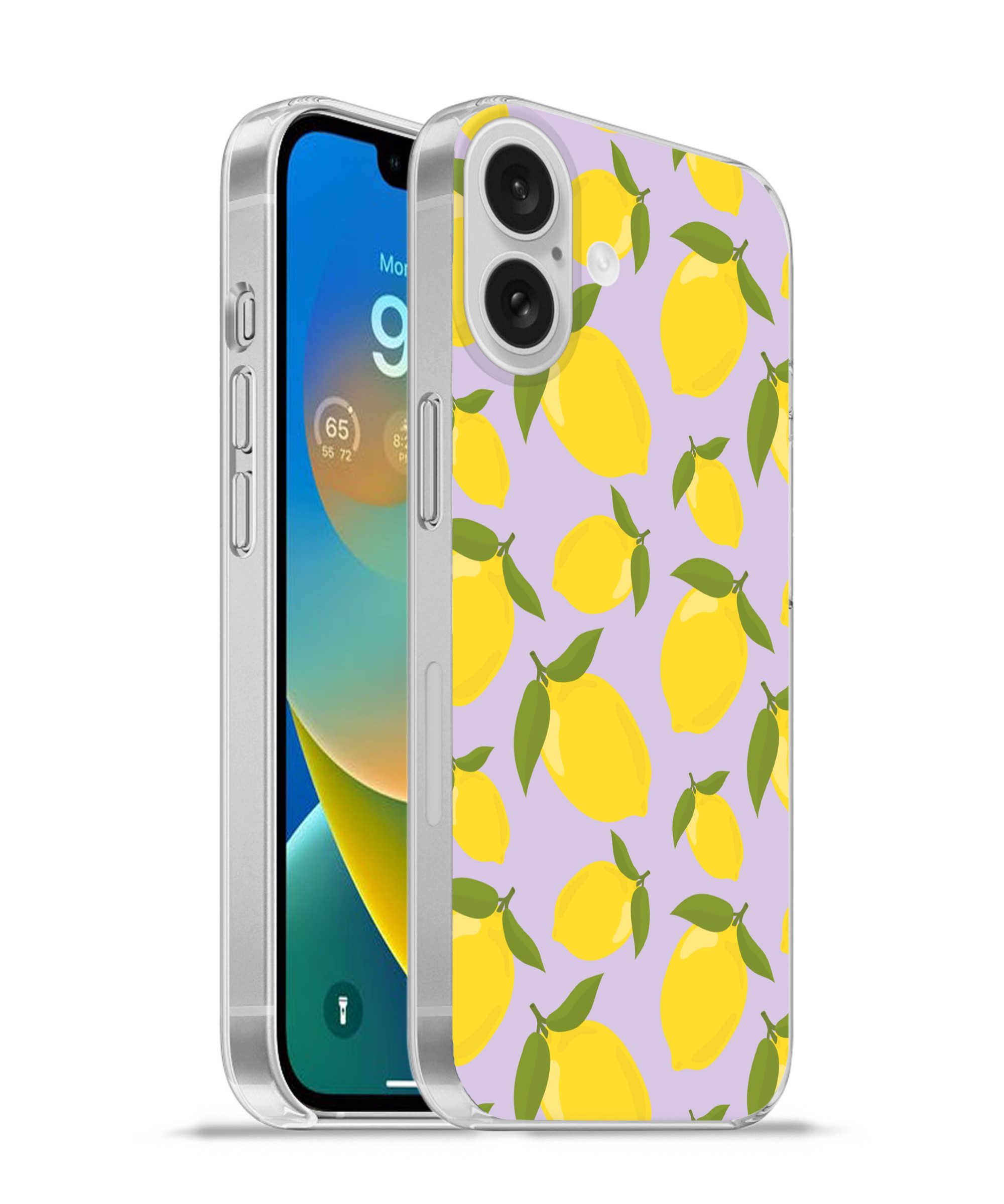 MuchoWow Handyhülle für Apple iPhone 16 Muster Zitronen - Gelb - Lila - Muster - Früchte, Smartphone-Bumper, Print, Handy Schutzhülle Dünn