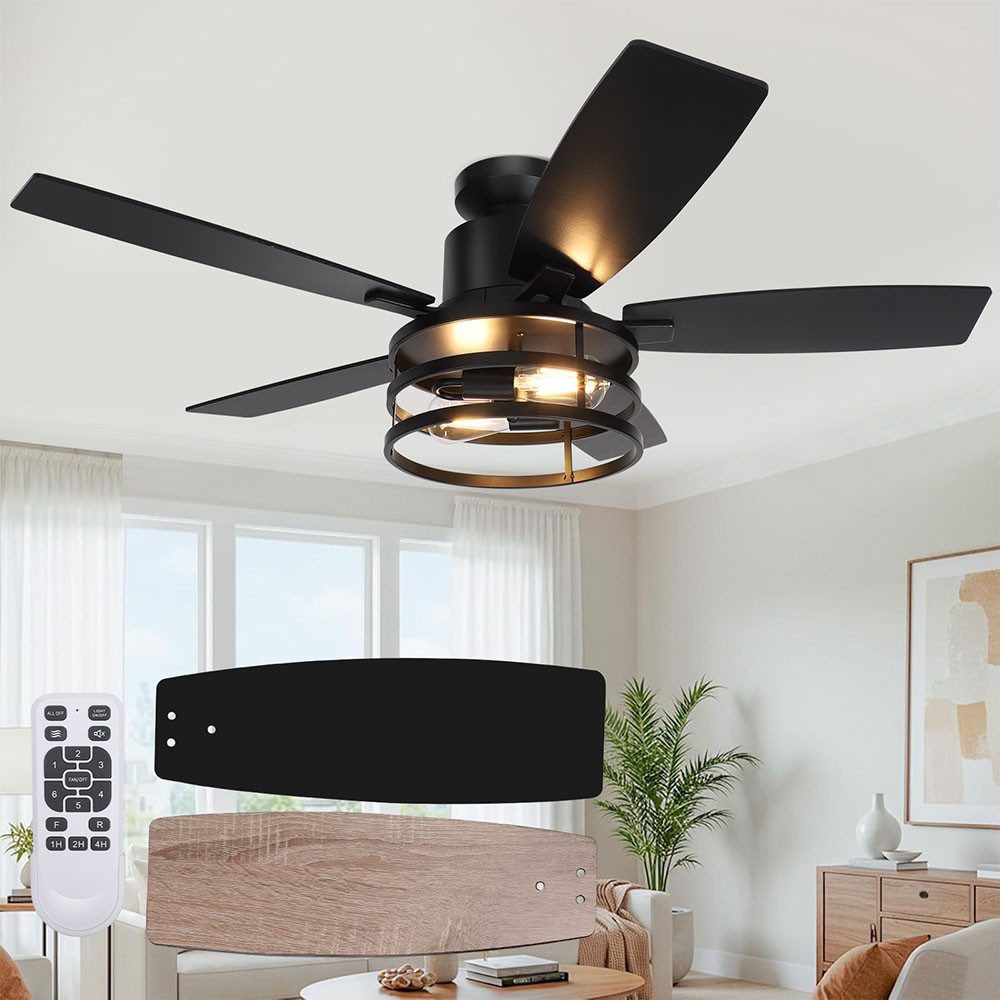 Rosnek Deckenventilator mit Licht, 132 cm, Fernbedienung & 6 Stufen, Leiser DC-Motor, Timer, Wendeflügel für Schlaf- & Wohnzimmer