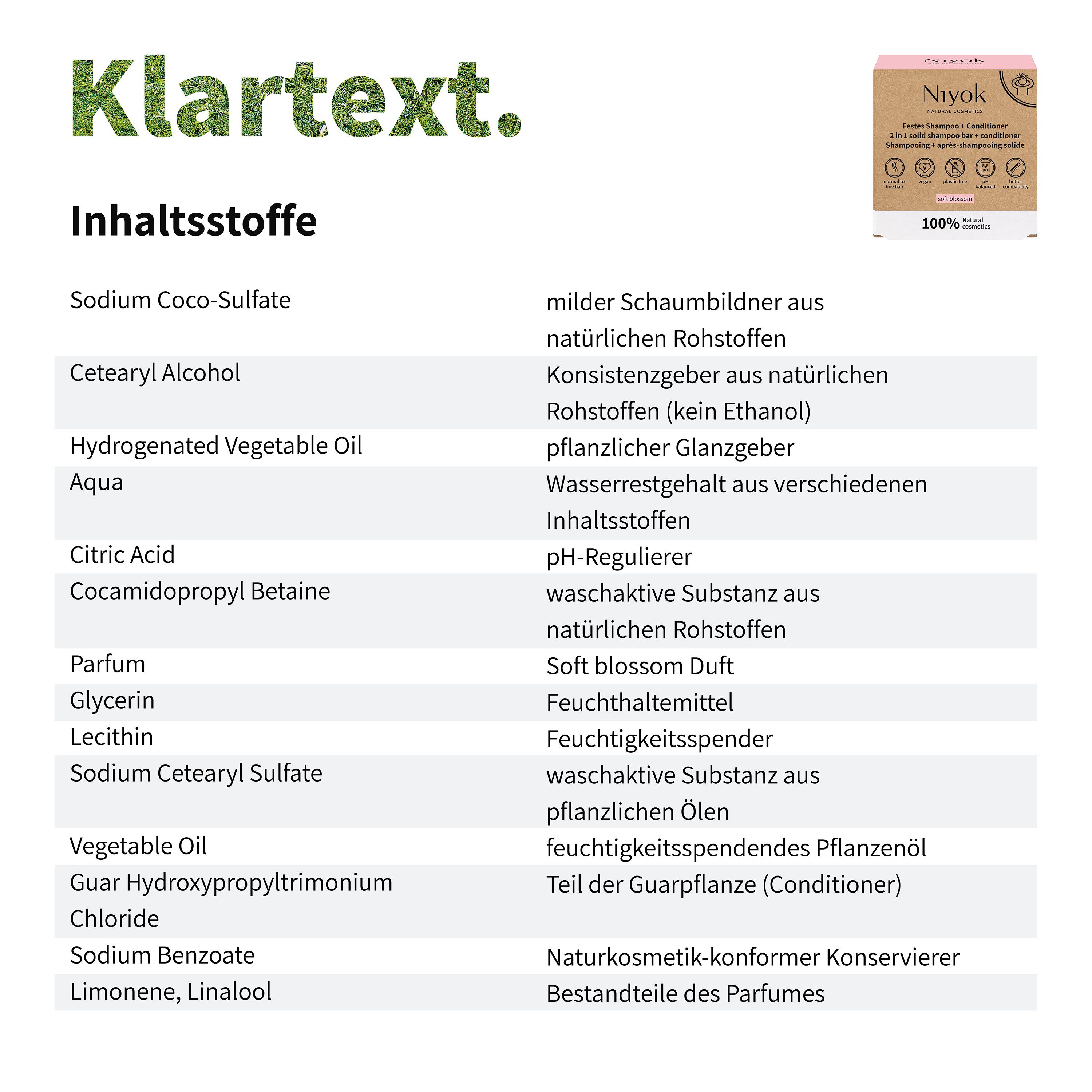Niyok Festes Haarshampoo 2-in-1 Festes Shampoo + Conditioner Plastikfrei & Vegan, Nachhaltiges Shampoo & Spülung, PH-Neutral, normales & feines Haar