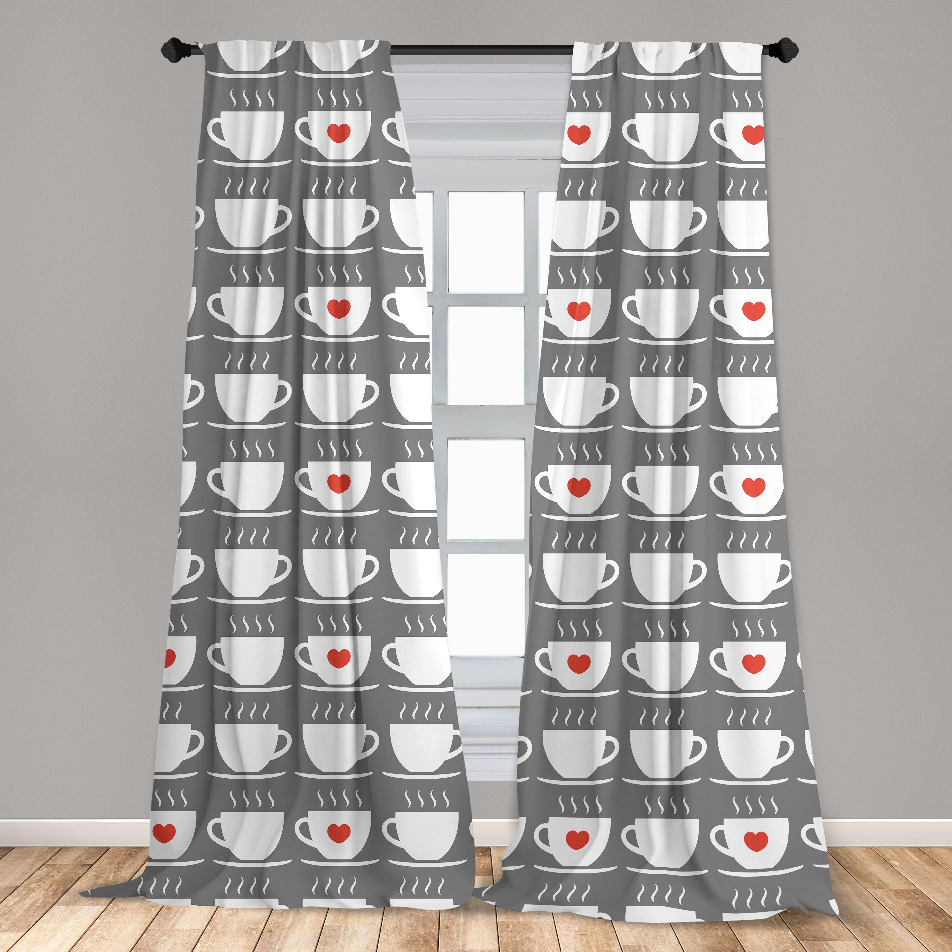 Gardine Tea Wohnzimmer Microfaser, Vorhang Tee-Party Herzen Cups mit für Dekor, Schlafzimmer Abakuhaus,