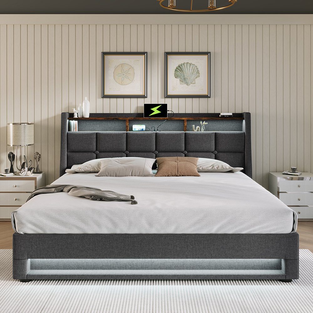 Polsterbett (Funktionsbett, 160x200 cm Hydraulisches Bett mit Lattenrost), Stauraumbett mit LED-Beleuchtung und USB-Anschluss, Baumwolle-Leinen