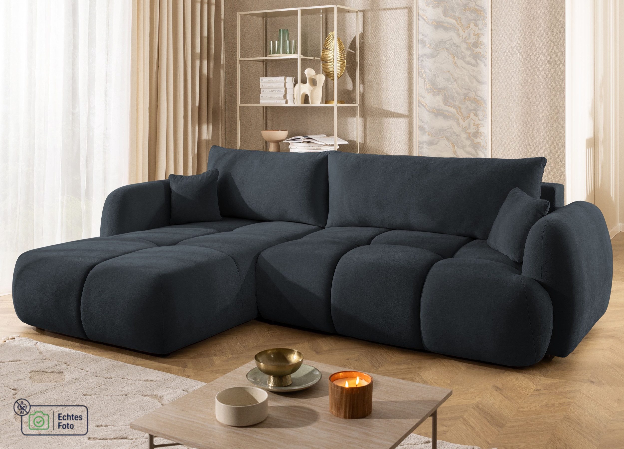 S-Style Möbel Ecksofa Loretto aus Webstoff mit tiefen Steppungen in Bubble-Optik, mit Schlaffunktion, Bettkasten und Wellenfederung