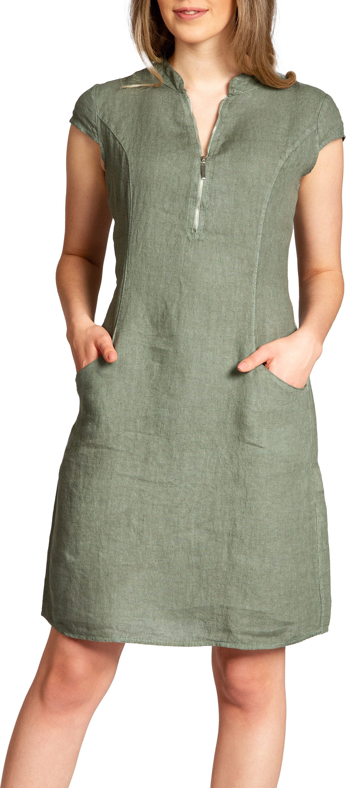 Caspar Sommerkleid SKL040 knielanges Damen Leinenkleid mit Reißverschluss Ausschnitt Luftig leicht, figurumspielende Form, mit seitlichem Jersey-Einsatz