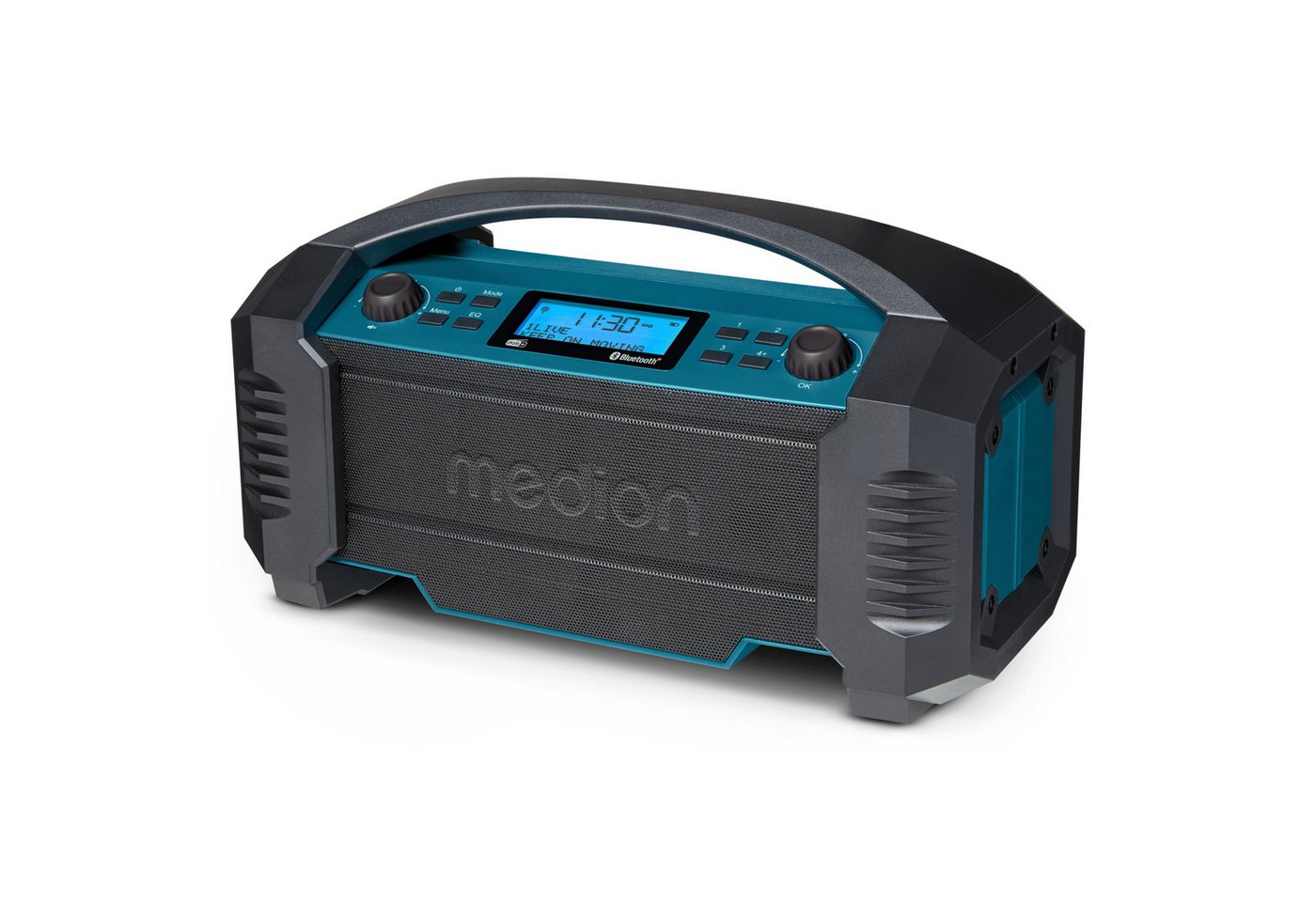 Medion® Baustellenradio MEDION® LIFE® E66050 (MD43320) Baustellenradio (AM/FM, DAB+, MW/UKW, 15 W, Ca. 15 Stunden Akkulaufzeit, IP54-Schutz, Bluetooth 5.0, LCD-Display)
