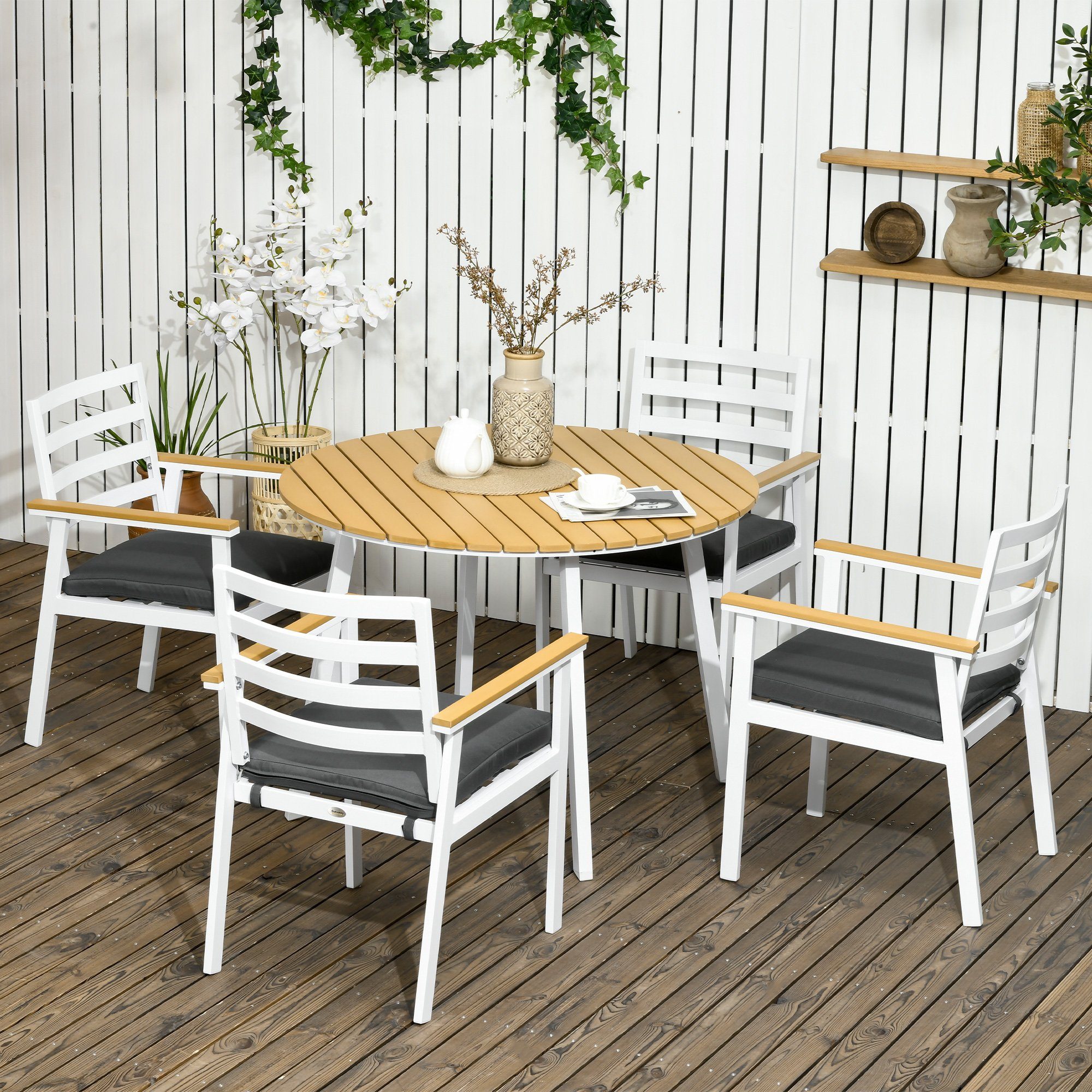Outsunny Sitzgruppe Balkonmöbel Stühlen, inkl. Teak+Weiß, Alu, 1 (Set, Sitzkissen 5 tlg. mit Gartenmöbel-Set Terrasse), Tisch, Bistro-Set 4 für 5-tlg