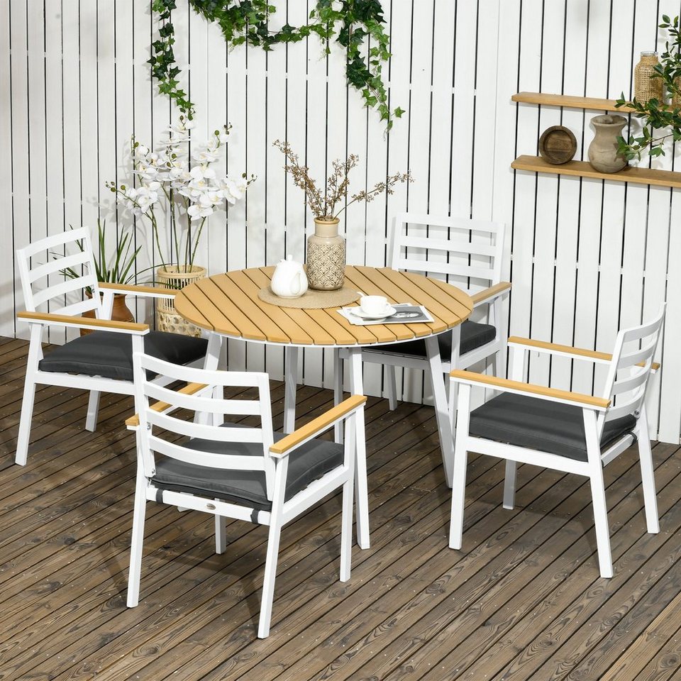 4 inkl. Outsunny Bistro-Set Terrasse), tlg. Sitzgruppe Teak+Weiß, Stühlen, 1 (Set, Tisch, Gartenmöbel-Set Sitzkissen für mit Balkonmöbel Alu, 5 5-tlg.,