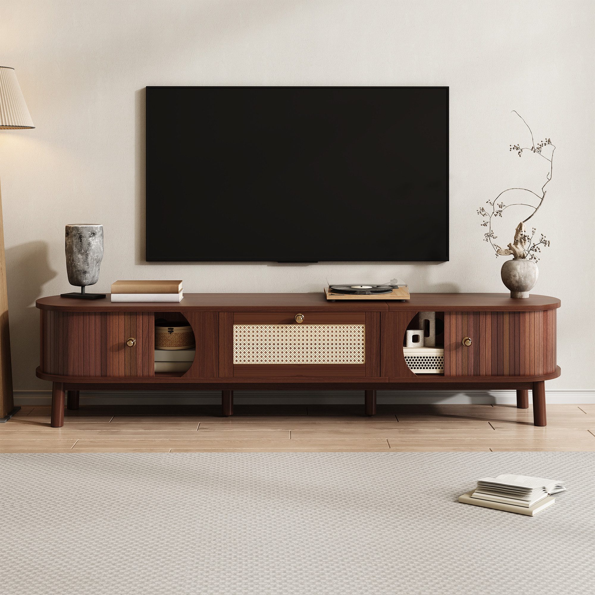 REDOM Lowboard Fernsehschrank mit Massivholztüren (TV-Board,TV-Ständer, Wohnzimmermöbel,Fernsehtisch, 1 St., 2 Schubladen, 1 Tür), stabiler Stauraum