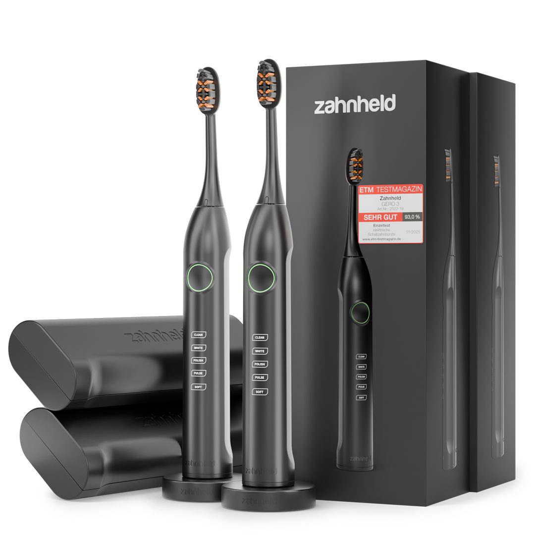 Zahnheld Elektrische Zahnbürste Schallzahnbürste Gero im Doppelpack mit Etui schwarz, 5 Putzmodi, Zahnpflege Set, Mundpflege, Reisezahnbürste, Zahnbürste mit Schall im Set, Zweierpack