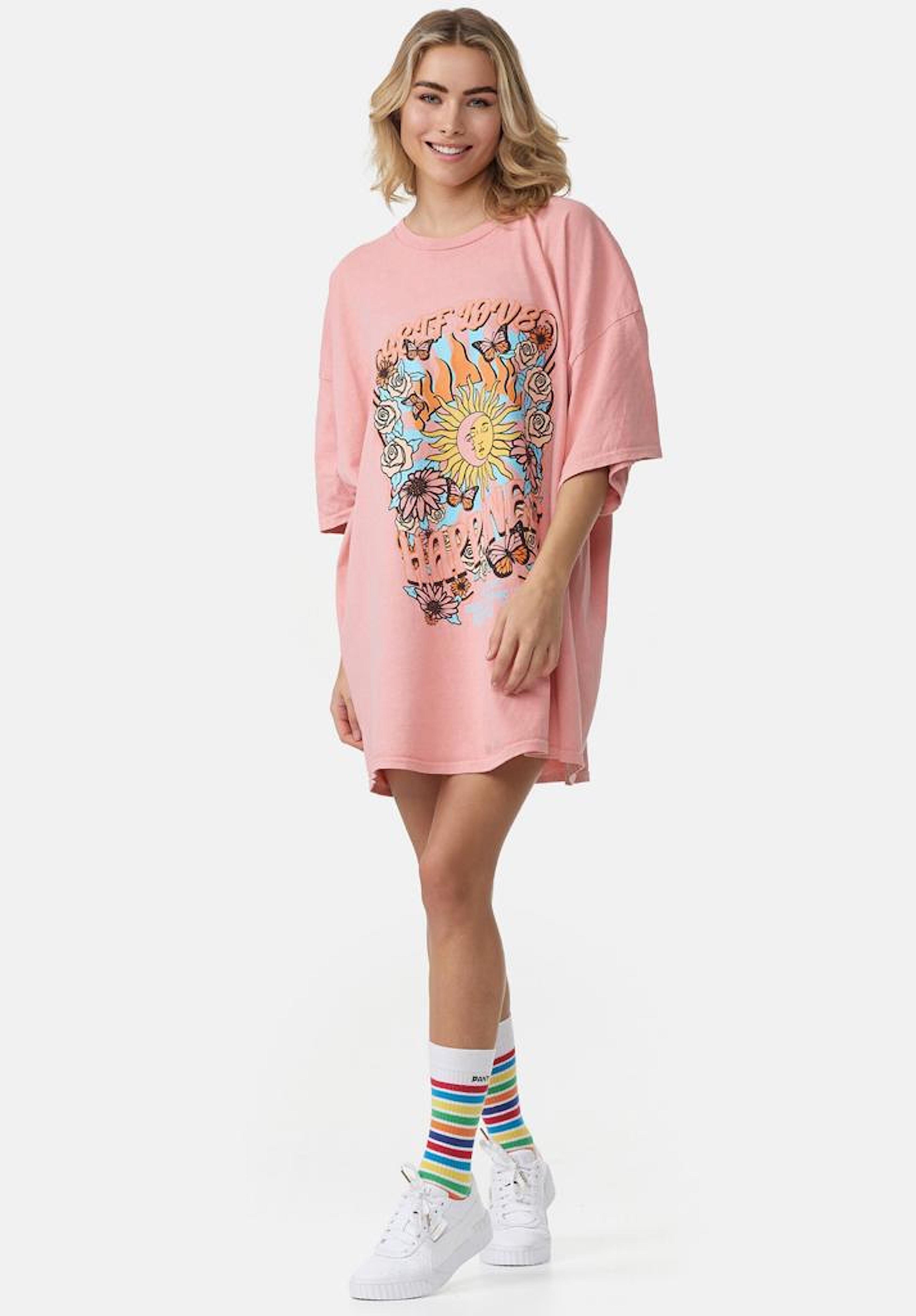 Worldclassca T-Shirt Worldclassca Oversized Front Print T-Shirt lang Sommer Tee Oberteil Apricot