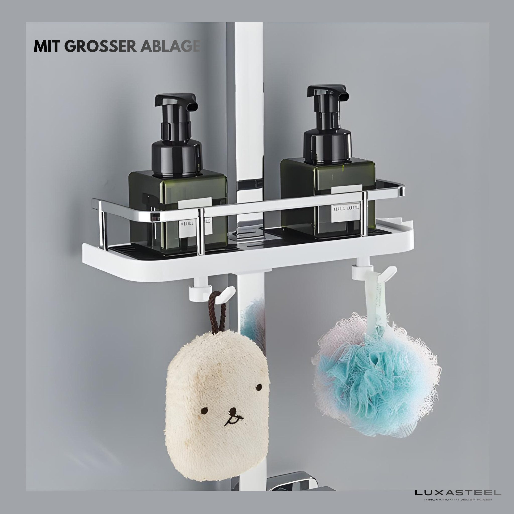 LuxaSteel Duschsystem Duschsystem mit Regendusche, 2 Handbrausen & Ablage, 5 Strahlart(en), Komplett-Set, Thermostat mit Brausegarnitur mit Kopfbrause, 3-fach verstellbare Wellness Handbrause, integrierte Ablage