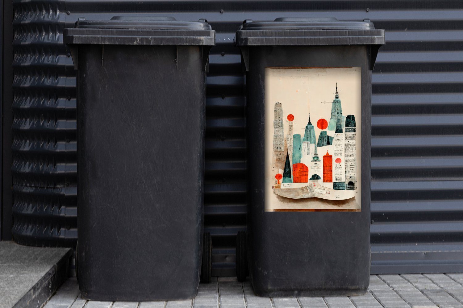 - (1 Mülltonne, Sticker, - - MuchoWow Vintage Rot Container, Abfalbehälter Skyline - Wandsticker Mülleimer-aufkleber, Farben Stadt St),