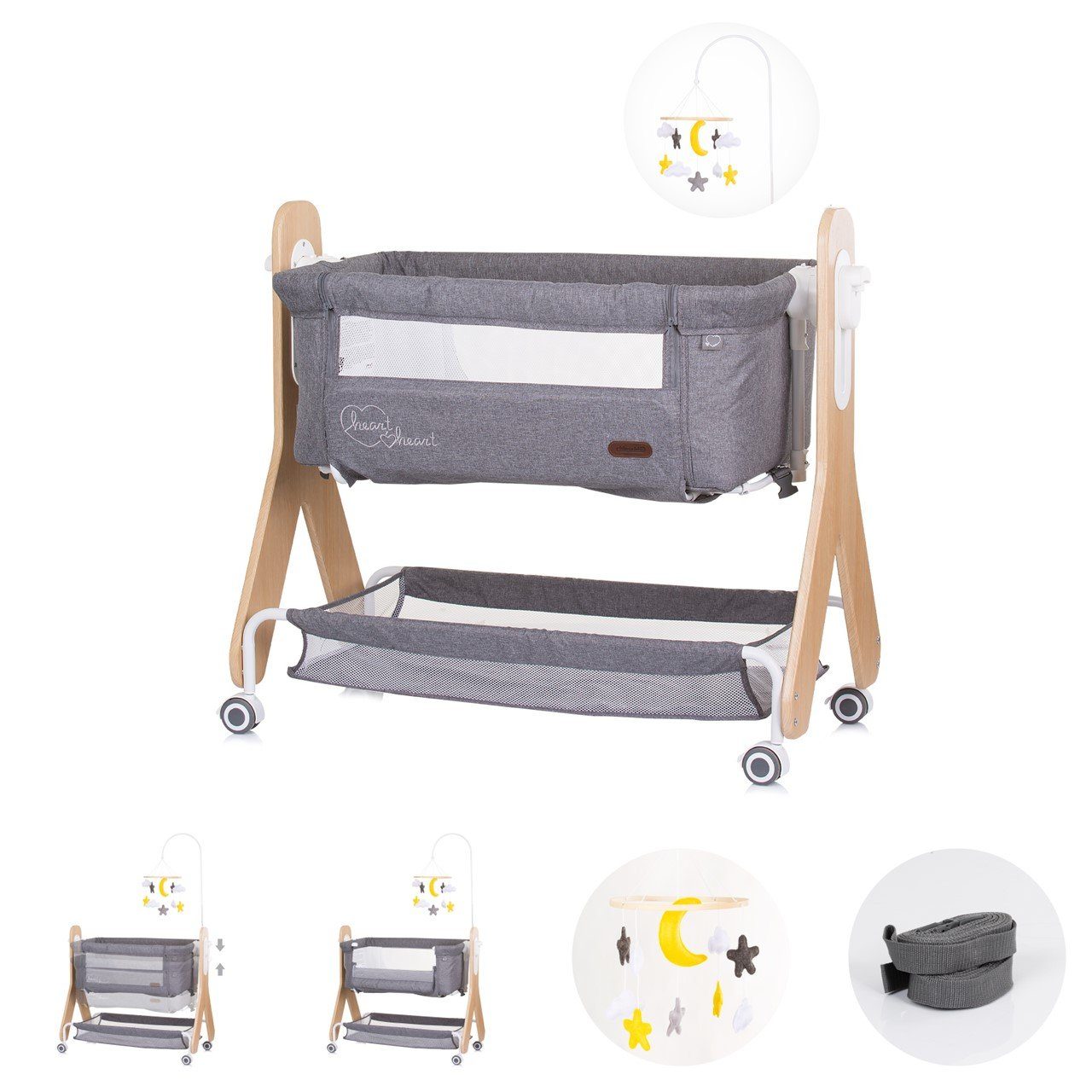 Chipolino Komplettbett Babybett Heart 2 Heart, Beistellbett, Rollen, Matratze, Wiegefunktion