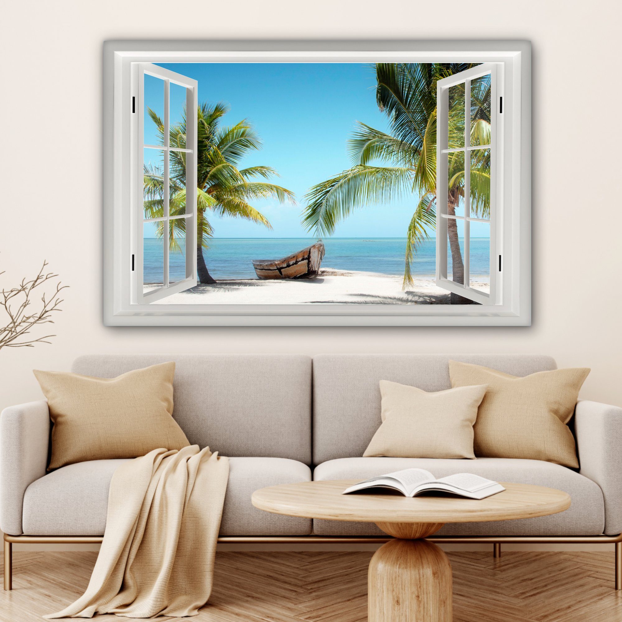 OneMillionCanvasses® Leinwandbild Aussicht - Strand - - - großes, Tropisch Wandbild cm St), Gemälde, 120x80 XXL, Blau, Wohnbereiche, Meer (1 Boot Palme für alle - 